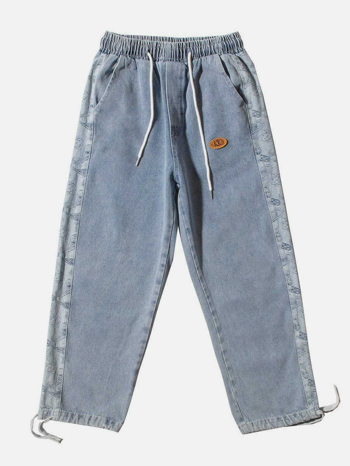 Y2K Grunge Embroidered Jeans with Side Bandana - Retro 90s Summer Outfit Essential