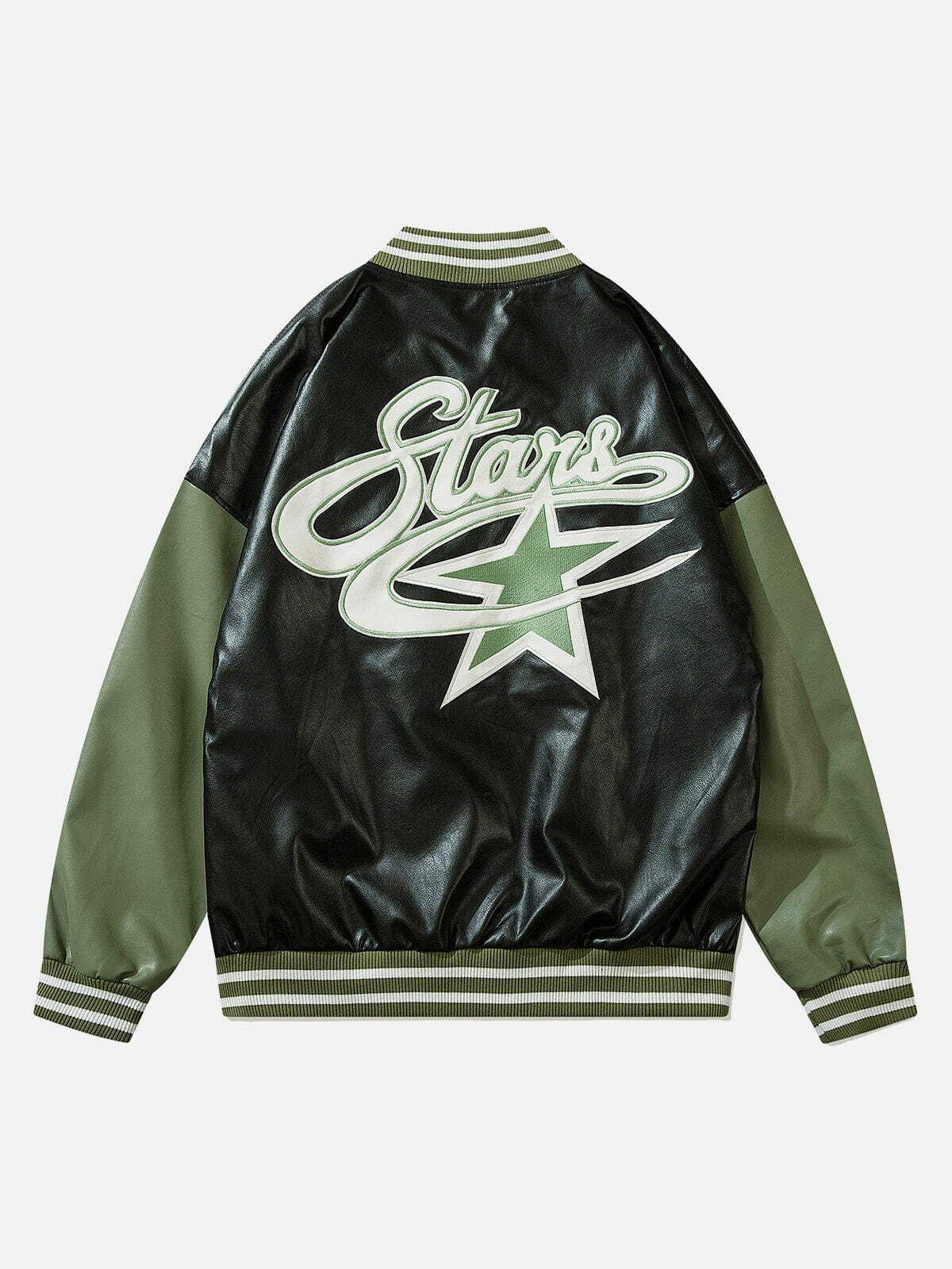 Y2K Grunge Embroidered Lettering PU Leather Varsity Jacket - Retro 90s Summer Outfit