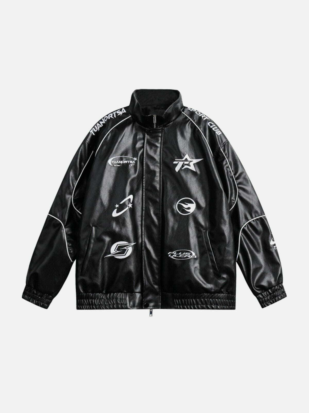 Y2K Grunge Embroidered Motorcycle Leather Jacket - Retro 90s Fashion Statement Piece