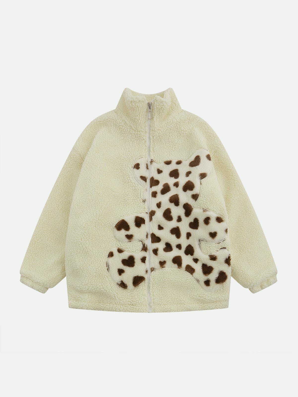 Y2K Grunge Embroidered Plush Bear Sherpa Coat - Retro 90s Fashion for Summer Outfits