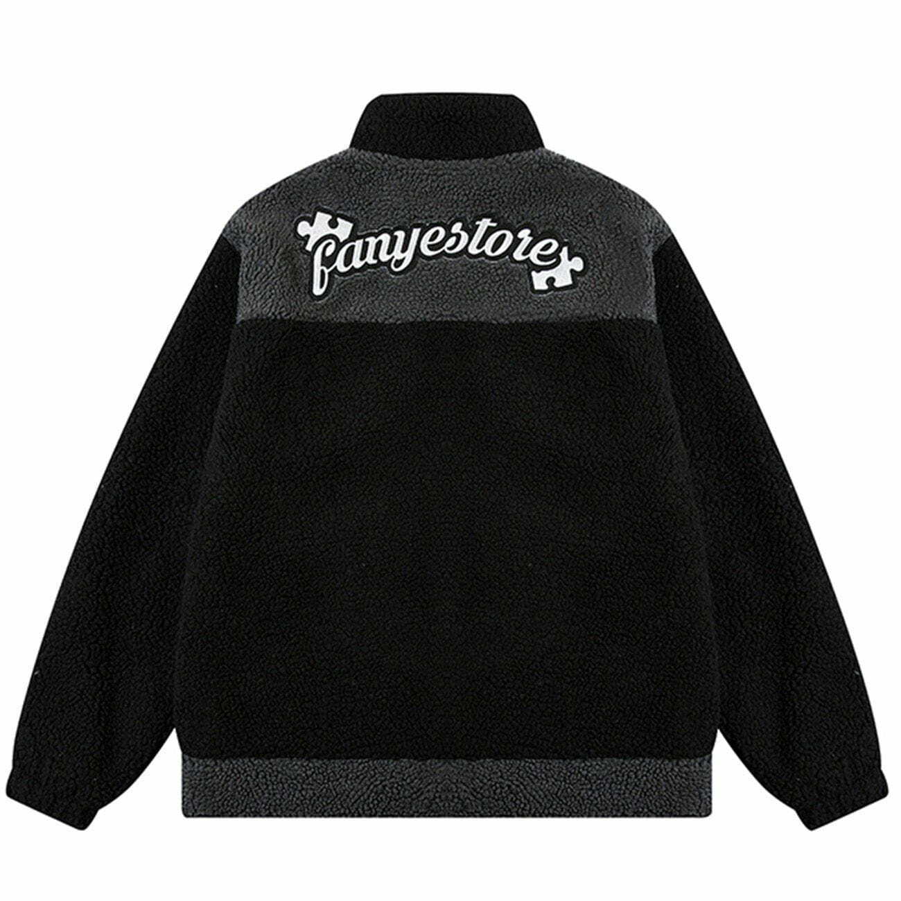 Y2K Grunge Embroidered Puzzle Letters Sherpa Coat - Retro 90s Fashion Winter Outerwear