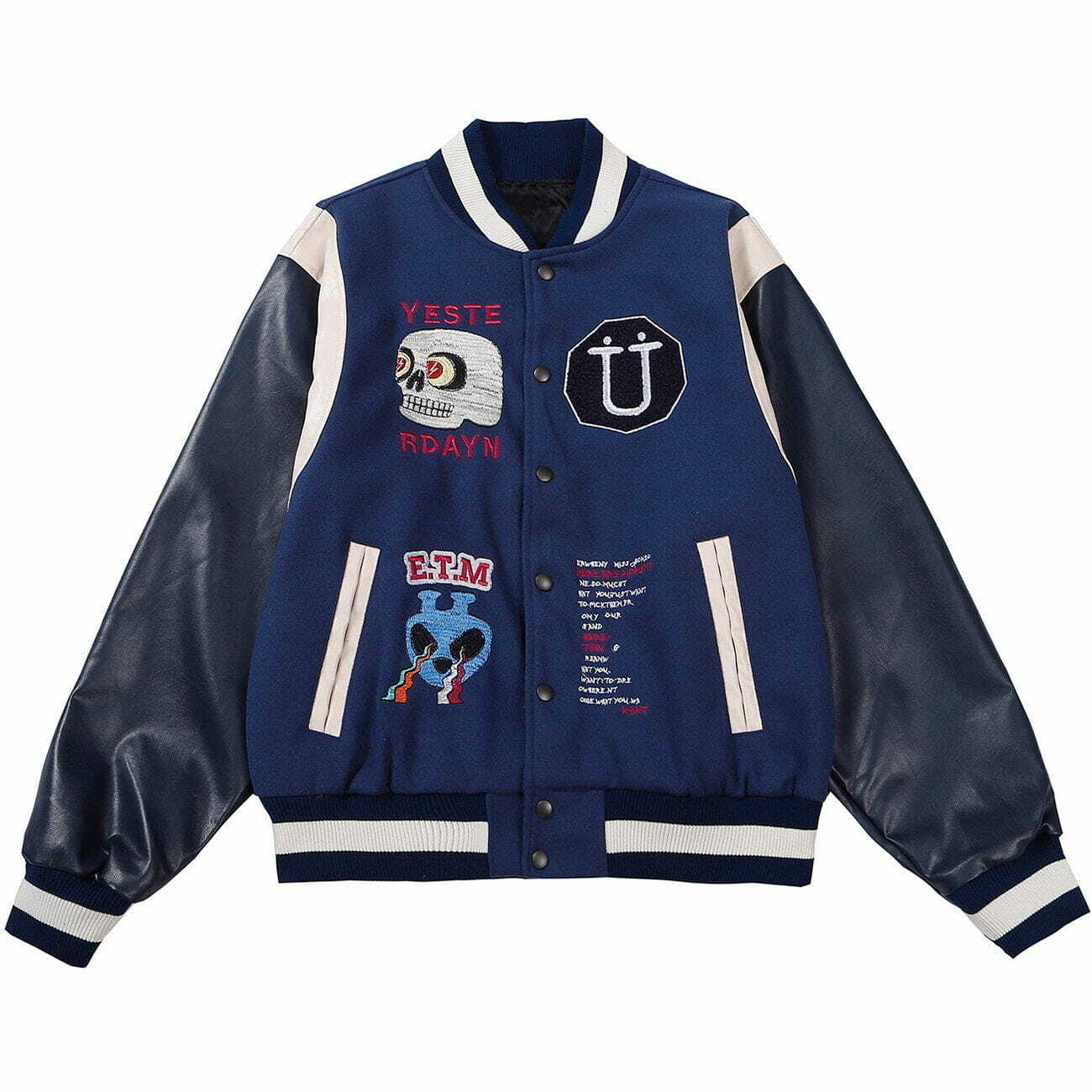 Y2K Grunge Embroidered Skull Varsity Jacket - Retro 90s Fashion Summer Outfit