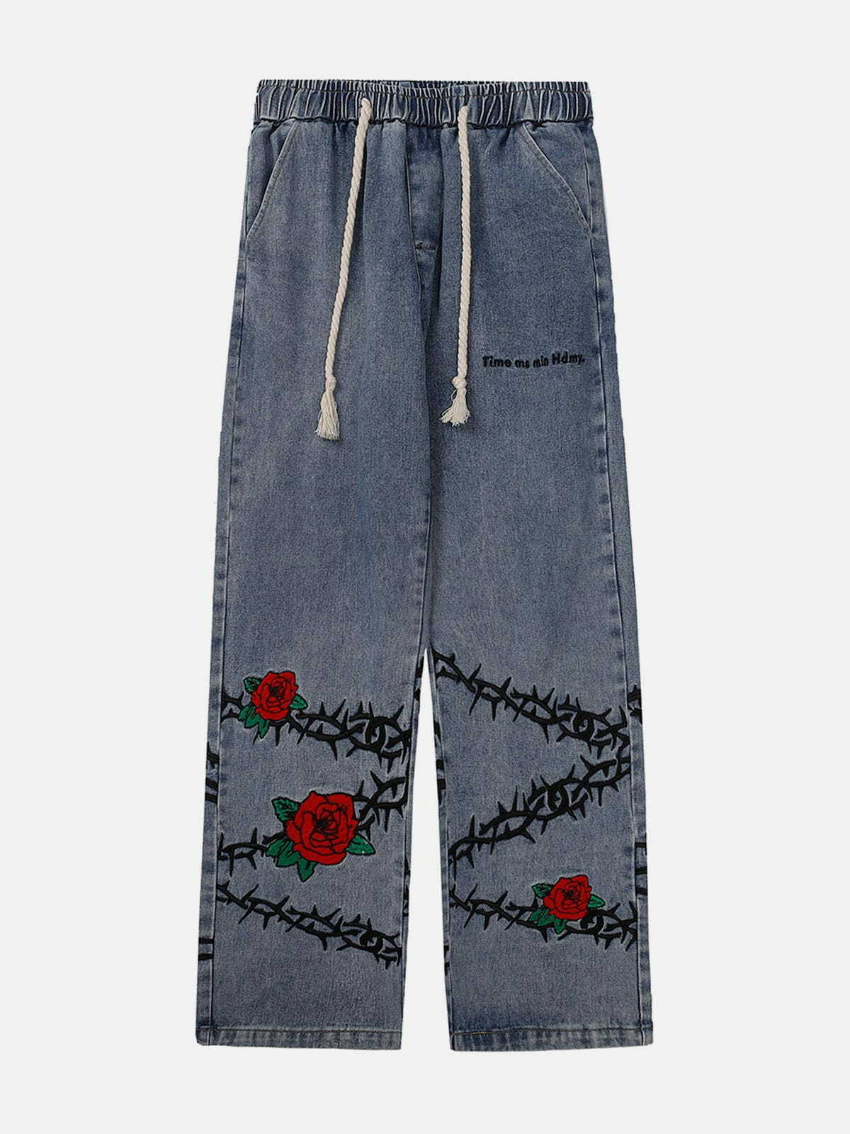 Y2K Grunge Embroidered Thorns Rose Jeans - Retro 90s Summer Outfit for Women