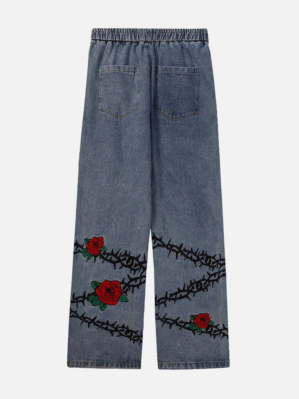 Y2K Grunge Embroidered Thorns Rose Jeans - Retro 90s Summer Outfit for Women