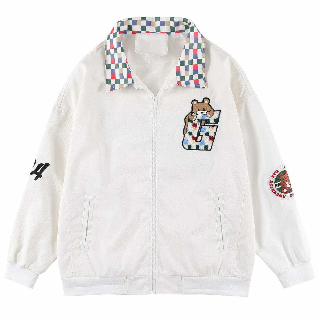 Y2K Grunge Embroidery Bear Jacket - Retro 90s Summer Outfit for Y2K Party Vibes