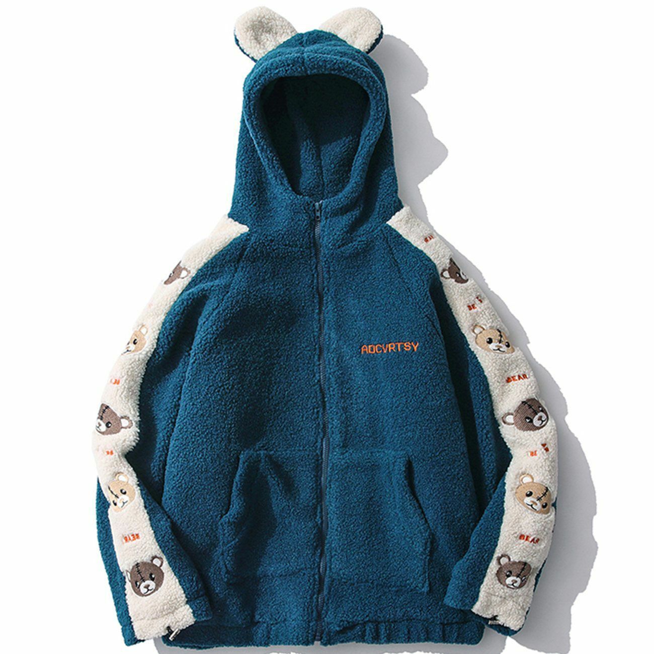 Y2K Grunge Embroidery Bear Patchwork Sherpa Coat - Retro 90s Fashion Winter Outfit