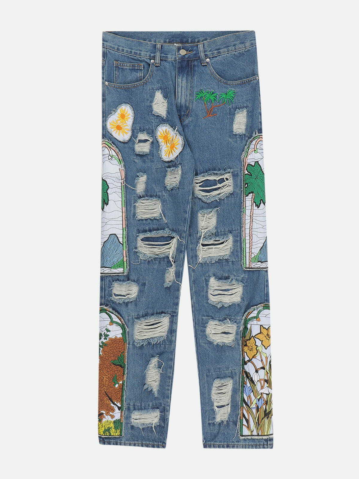 Y2K Grunge Embroidery Hole Jeans - Retro 90s Summer Outfit for Y2K Fashion Lovers