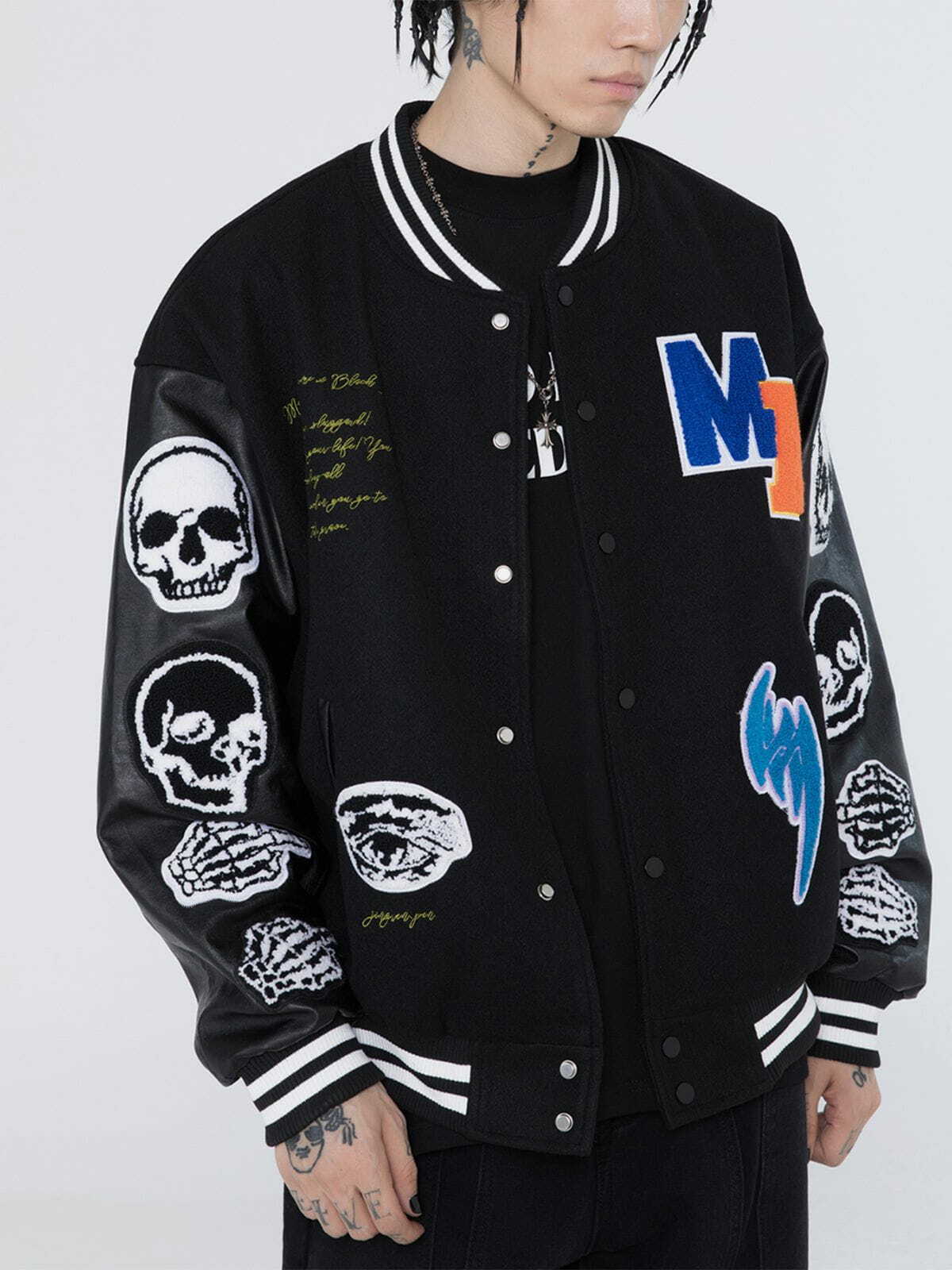 Y2K Grunge Embroidery Skeleton Varsity Jacket - Retro 90s Fashion for Summer Parties