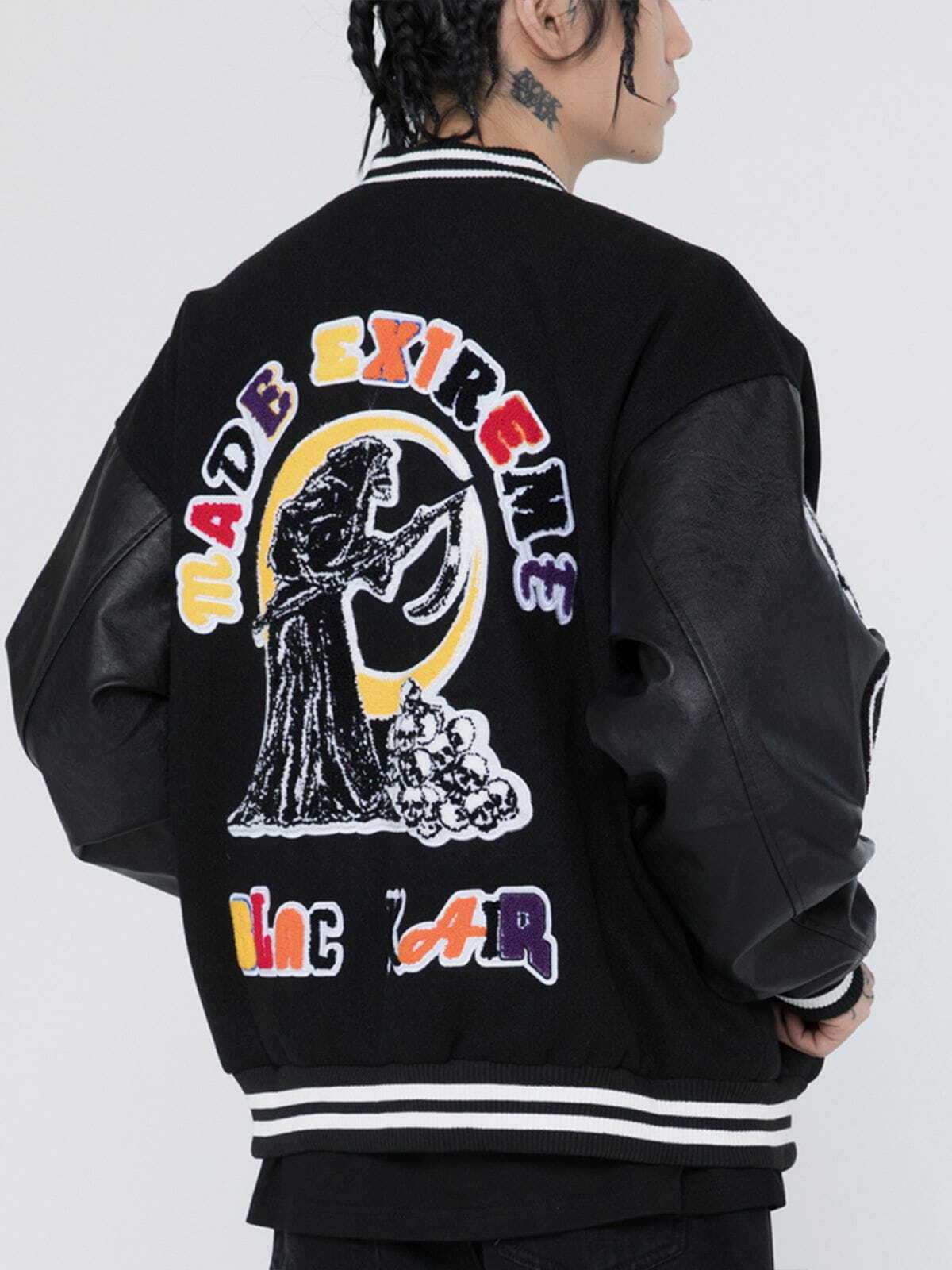 Y2K Grunge Embroidery Skeleton Varsity Jacket - Retro 90s Fashion for Summer Parties