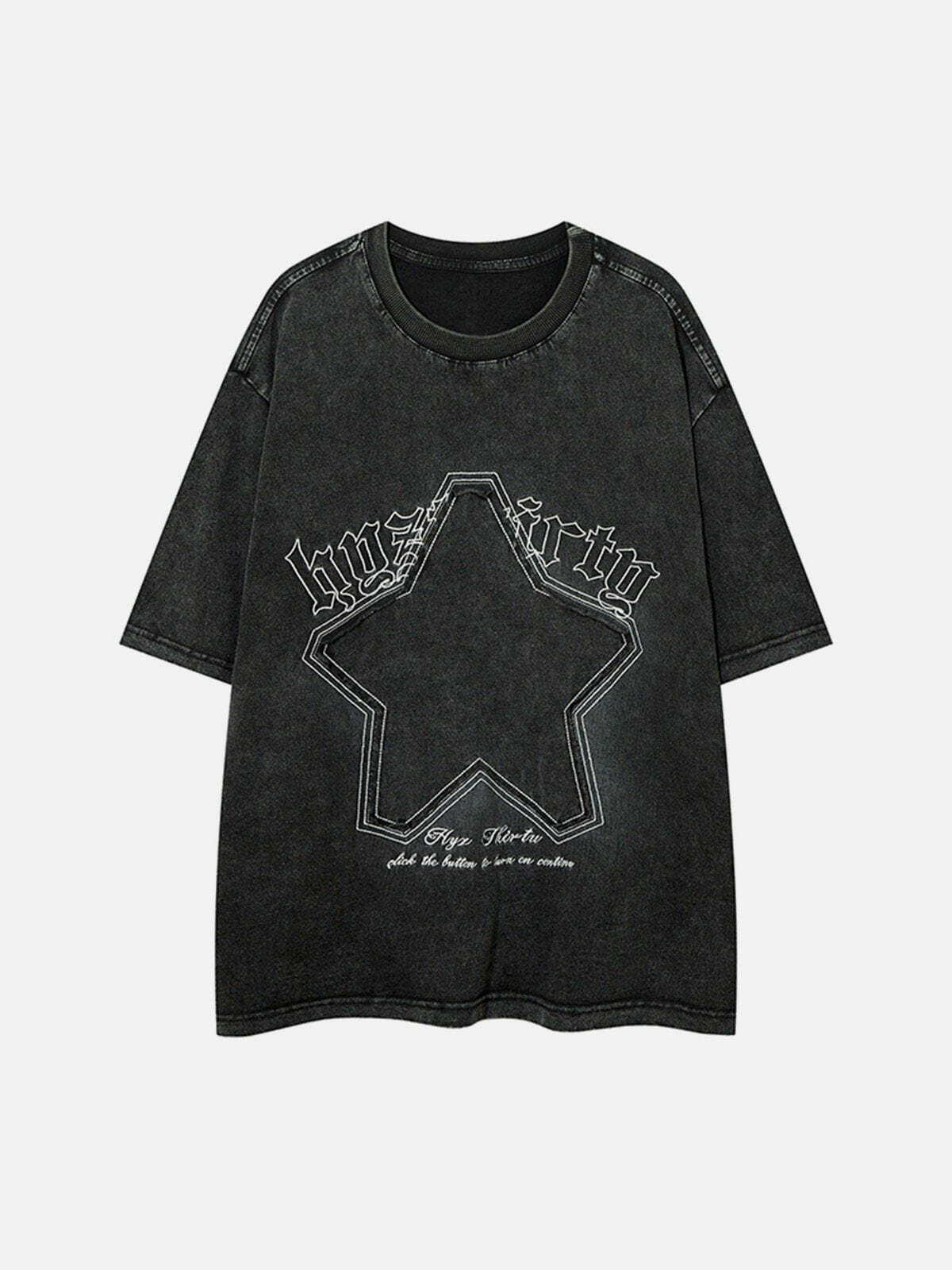 Y2K Grunge Embroidery Star Letter Washed Tee - Retro 90s Summer Outfit Essential