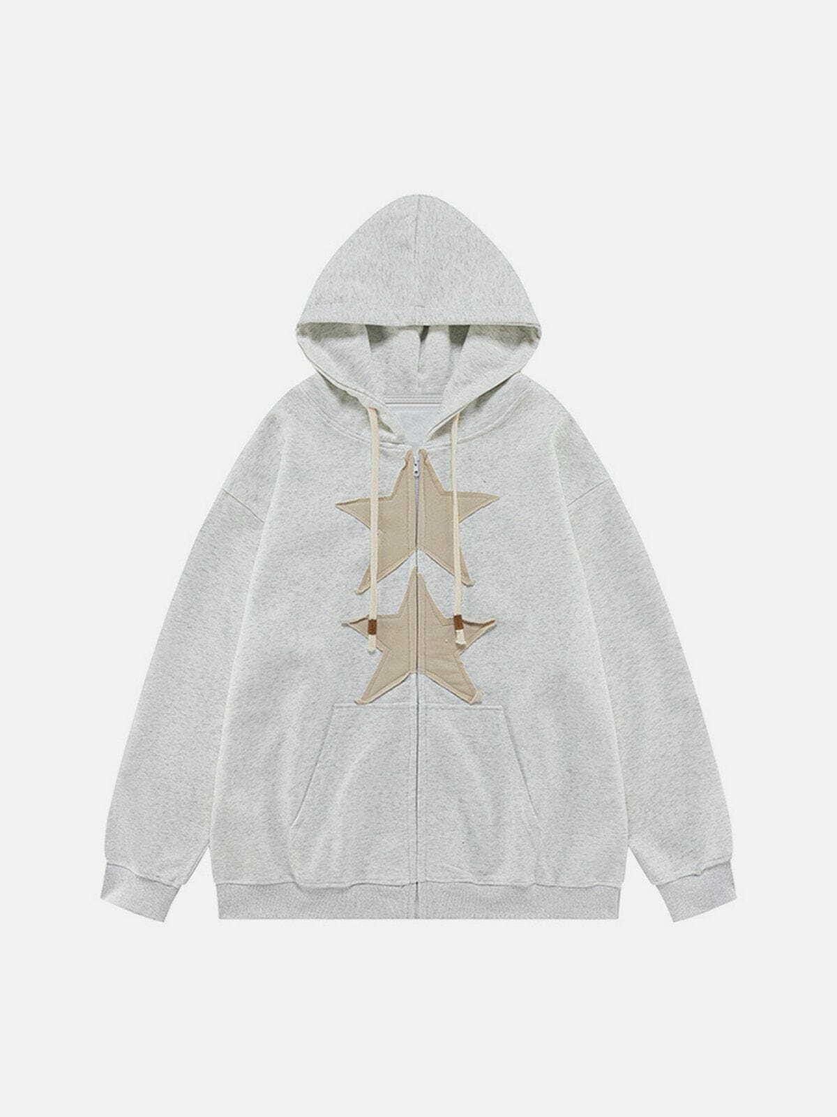 Y2K Grunge Embroidery Star Zip Up Hoodie - Retro 90s Summer Outfit for Y2K Vibes