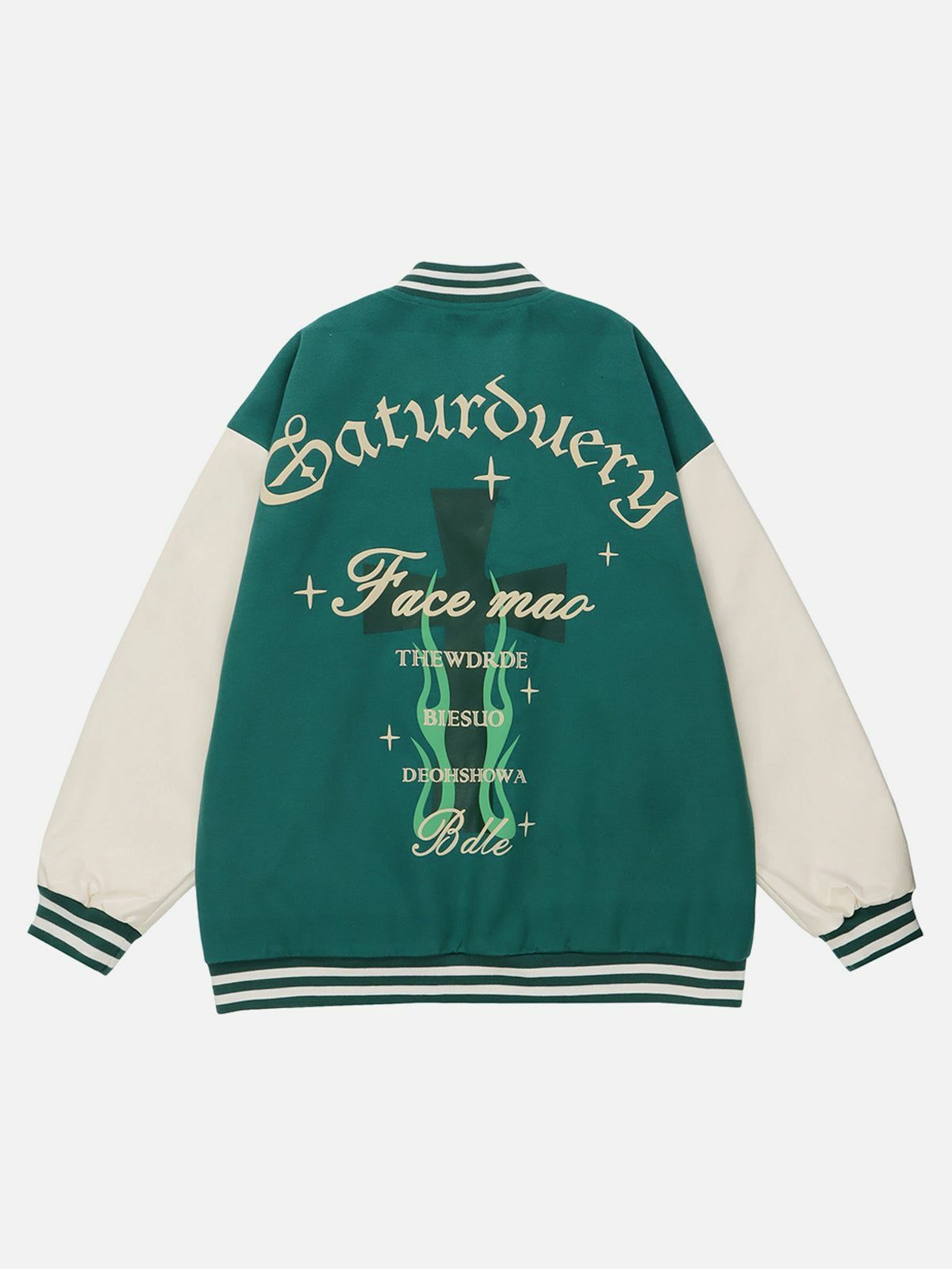 Y2K Grunge Flame Crucifix Varsity Jacket - Retro 90s Fashion for Summer Parties & Outfits