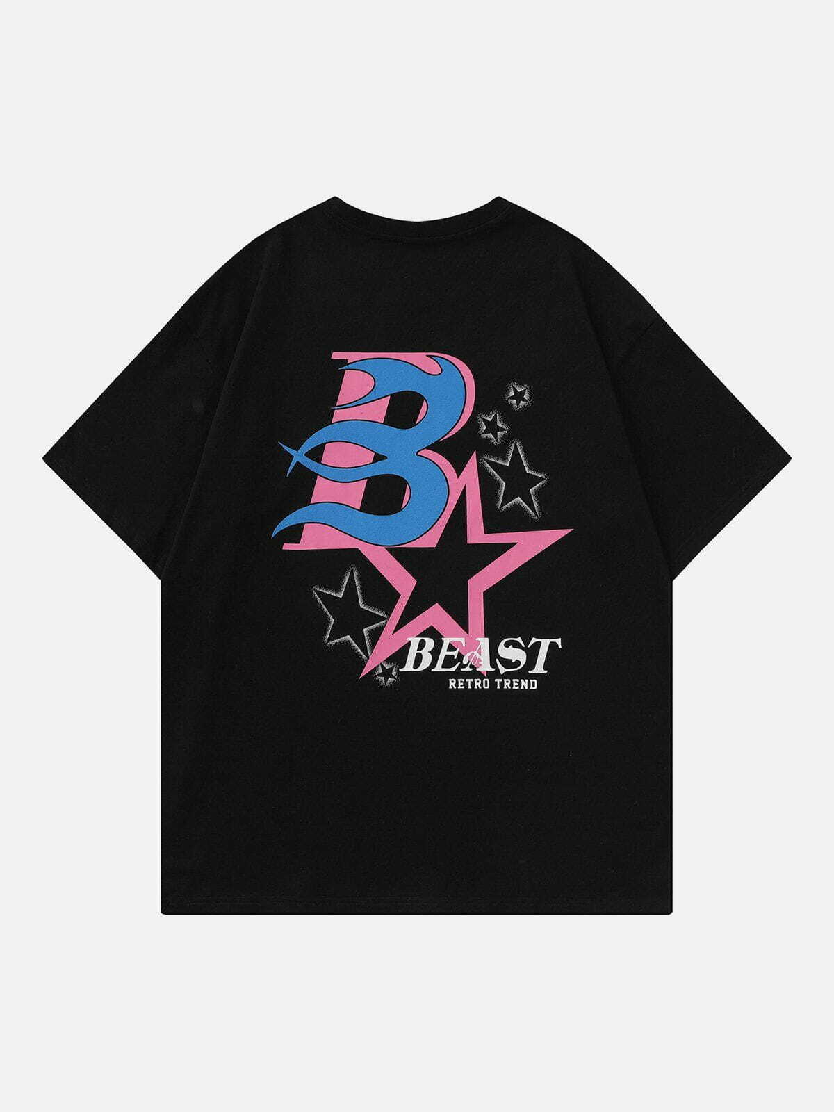 Y2K Grunge Flame Letter Star Foaming Print Tee - Retro 90s Summer Outfit Essential