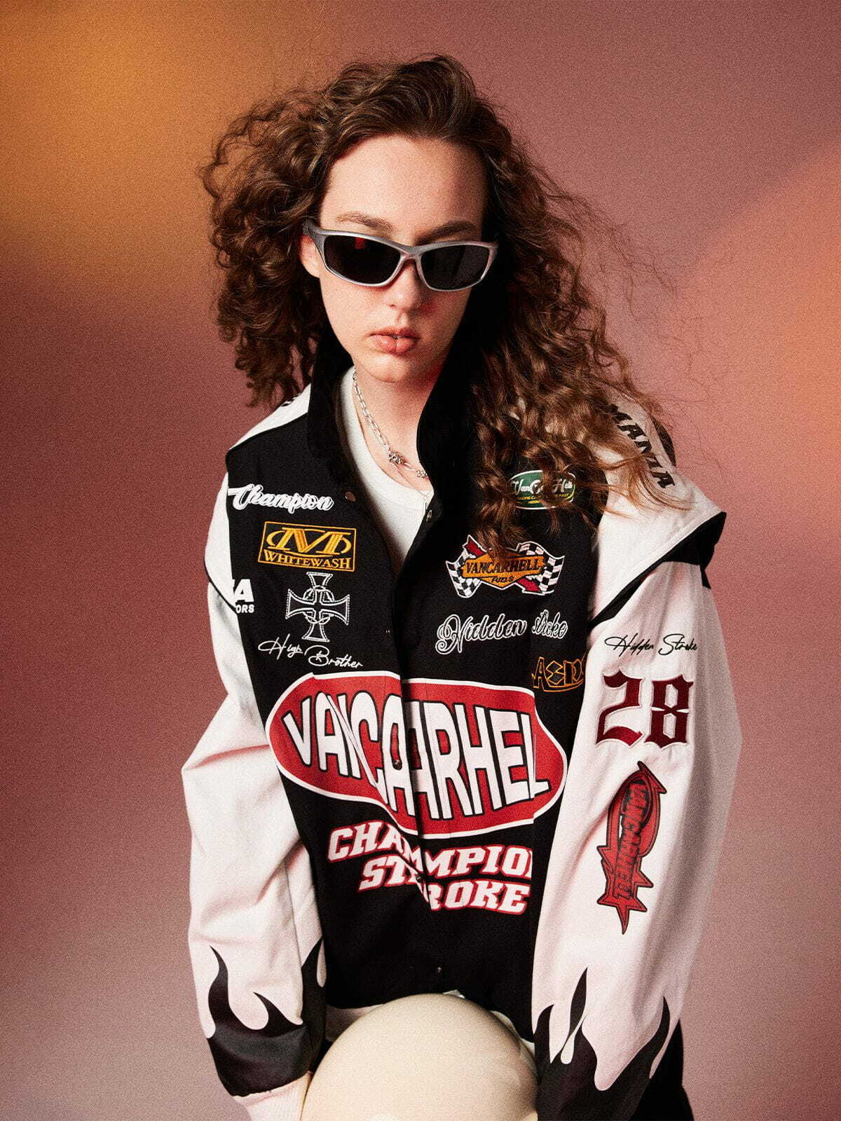 Y2K Grunge Flame Racing Jacket - Retro 90s Summer Outfit for Party & Club Vibes