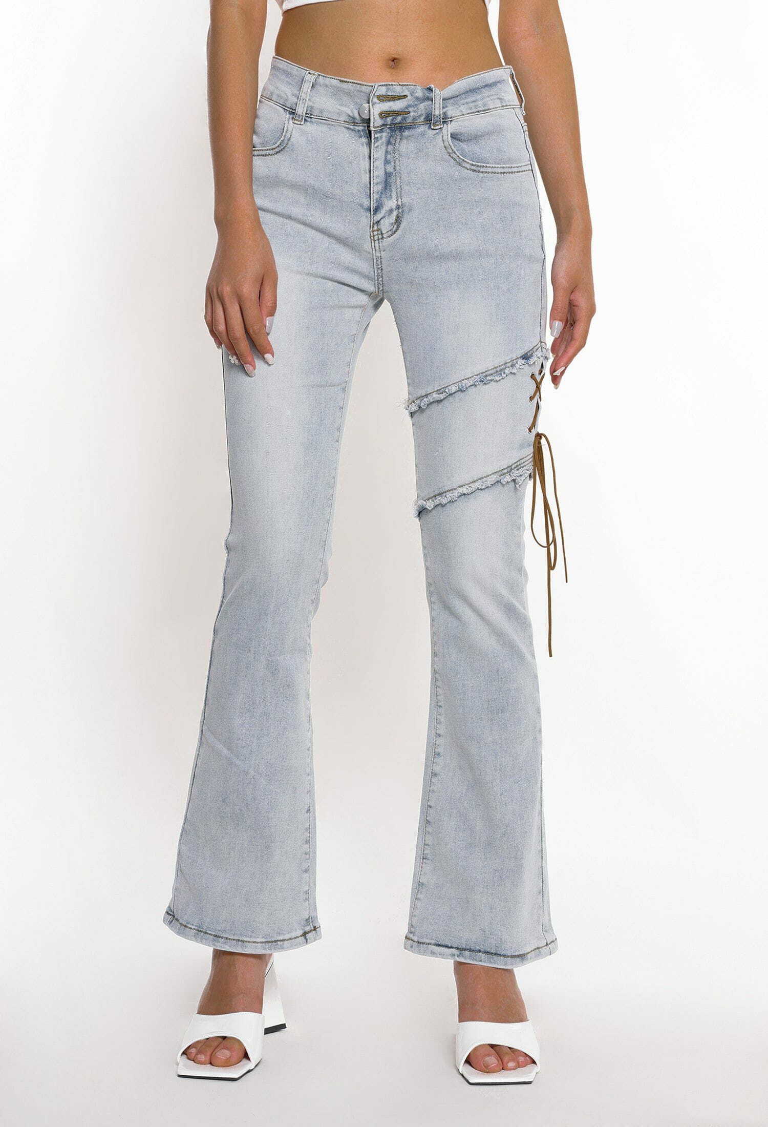 Y2K Grunge Flared Jeans - Retro 90s Style with Irregular Strap for Summer Outfits