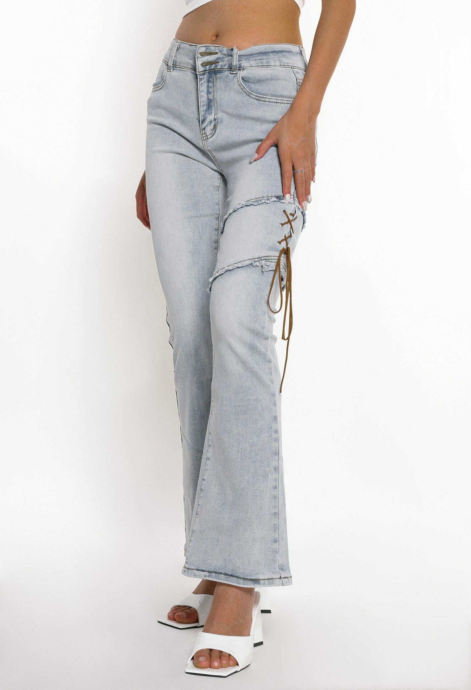 Y2K Grunge Flared Jeans - Retro 90s Style with Irregular Strap for Summer Outfits