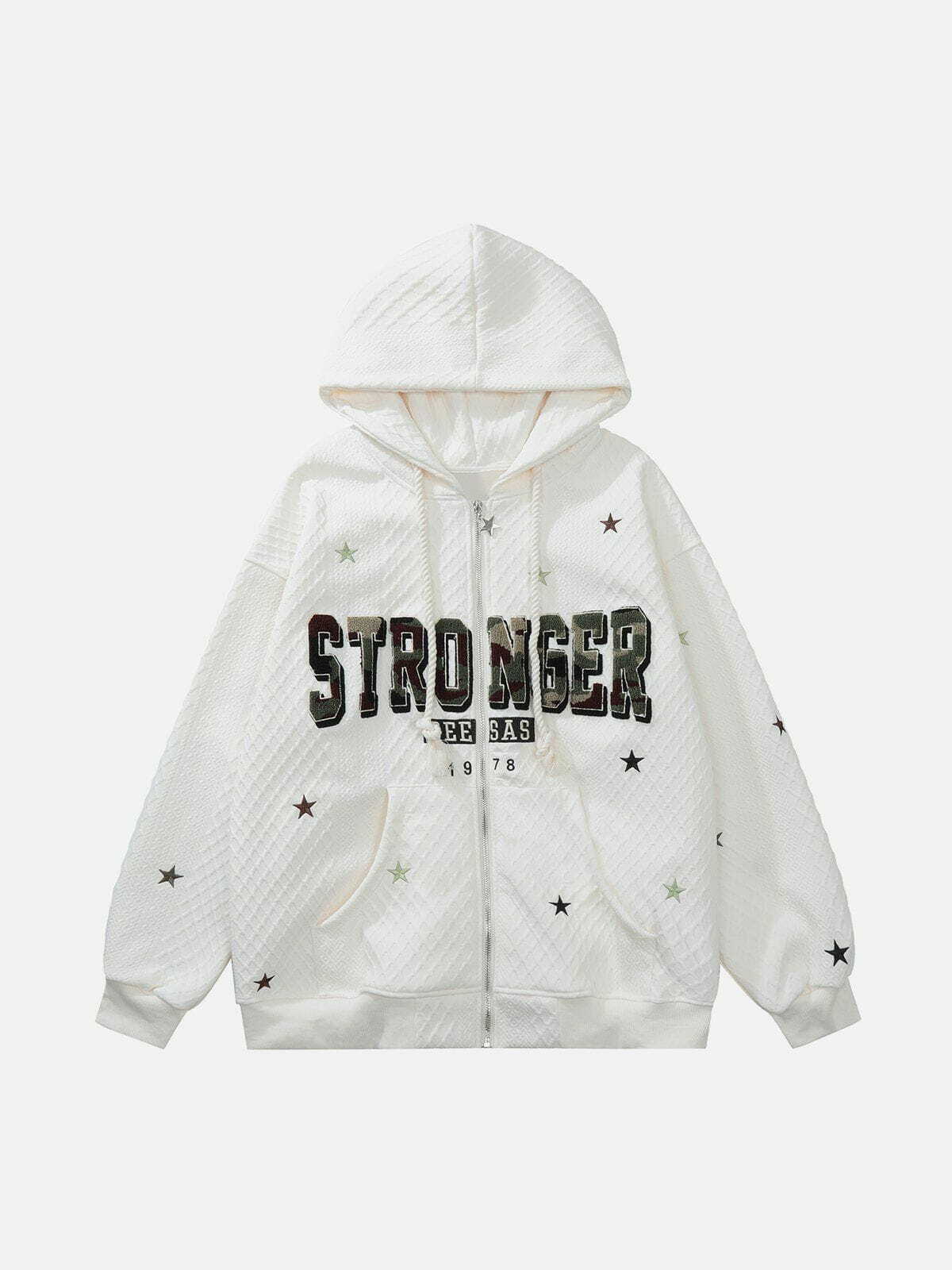 Y2K Grunge Flocked Letter Star Embroidered Zip Hoodie - Retro 90s Summer Outfit Essential