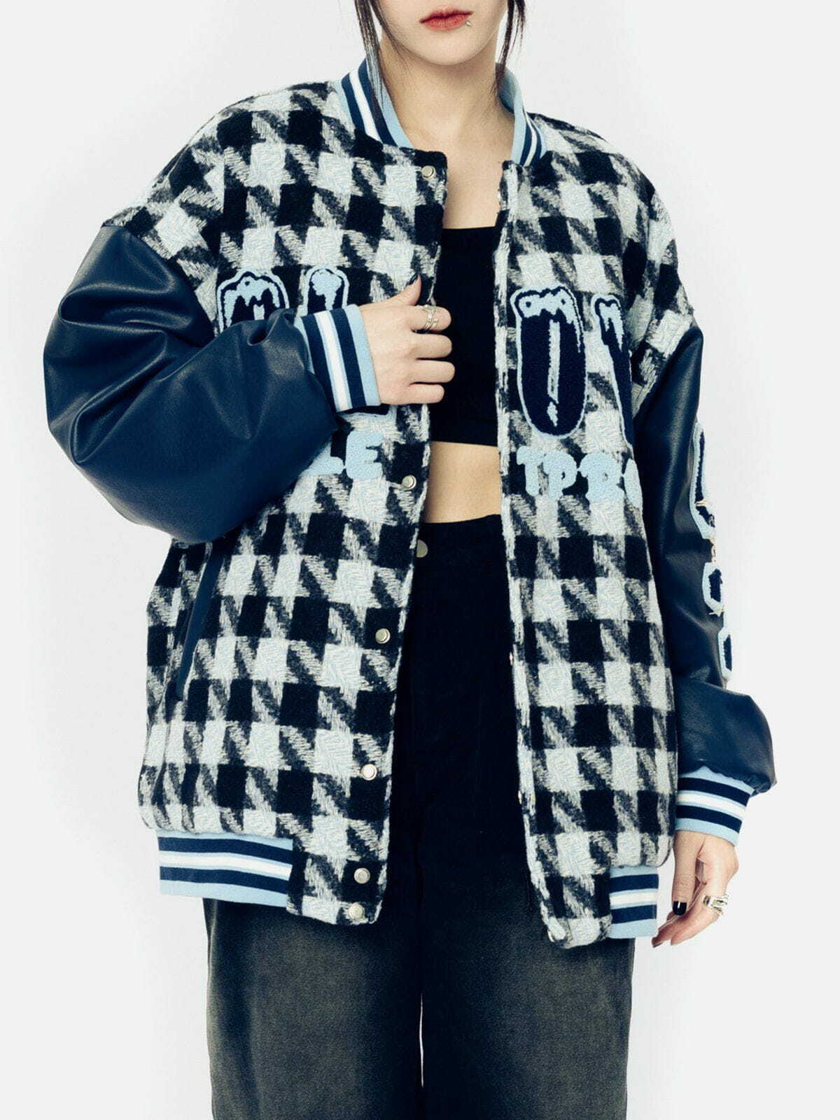 Y2K Grunge Flocked Letters Varsity Jacket - Retro 90s Summer Outfit for Y2K Vibes