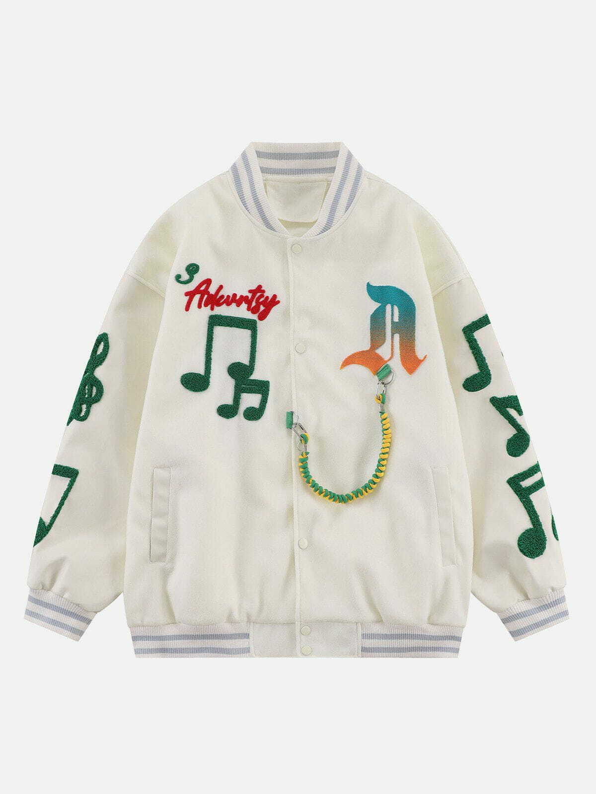 Y2K Grunge Flocked Music Print Varsity Jacket - Retro 90s Summer Outfit Essential