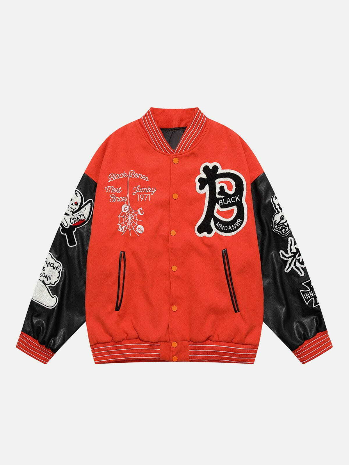 Y2K Grunge Flocked Skull Print Varsity Jacket - Retro 90s Fashion Summer Outfit