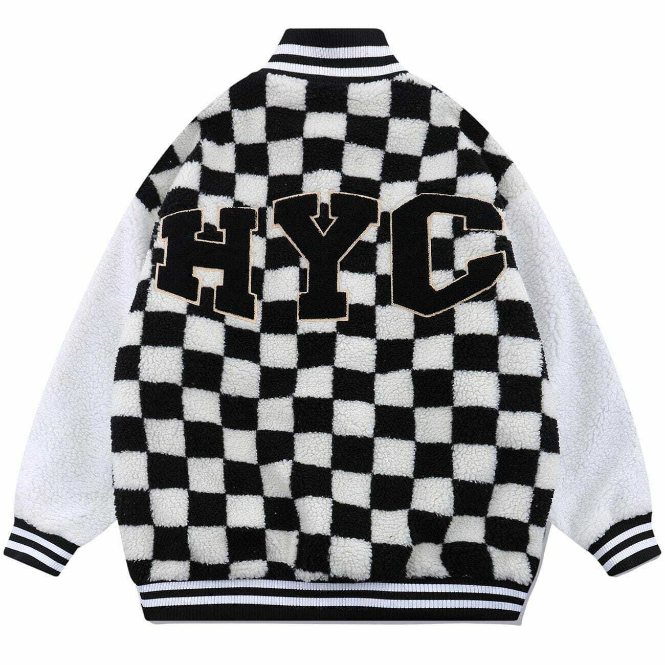 Y2K Grunge Flocking Letters Checkerboard Sherpa Coat - Retro 90s Fashion Essential