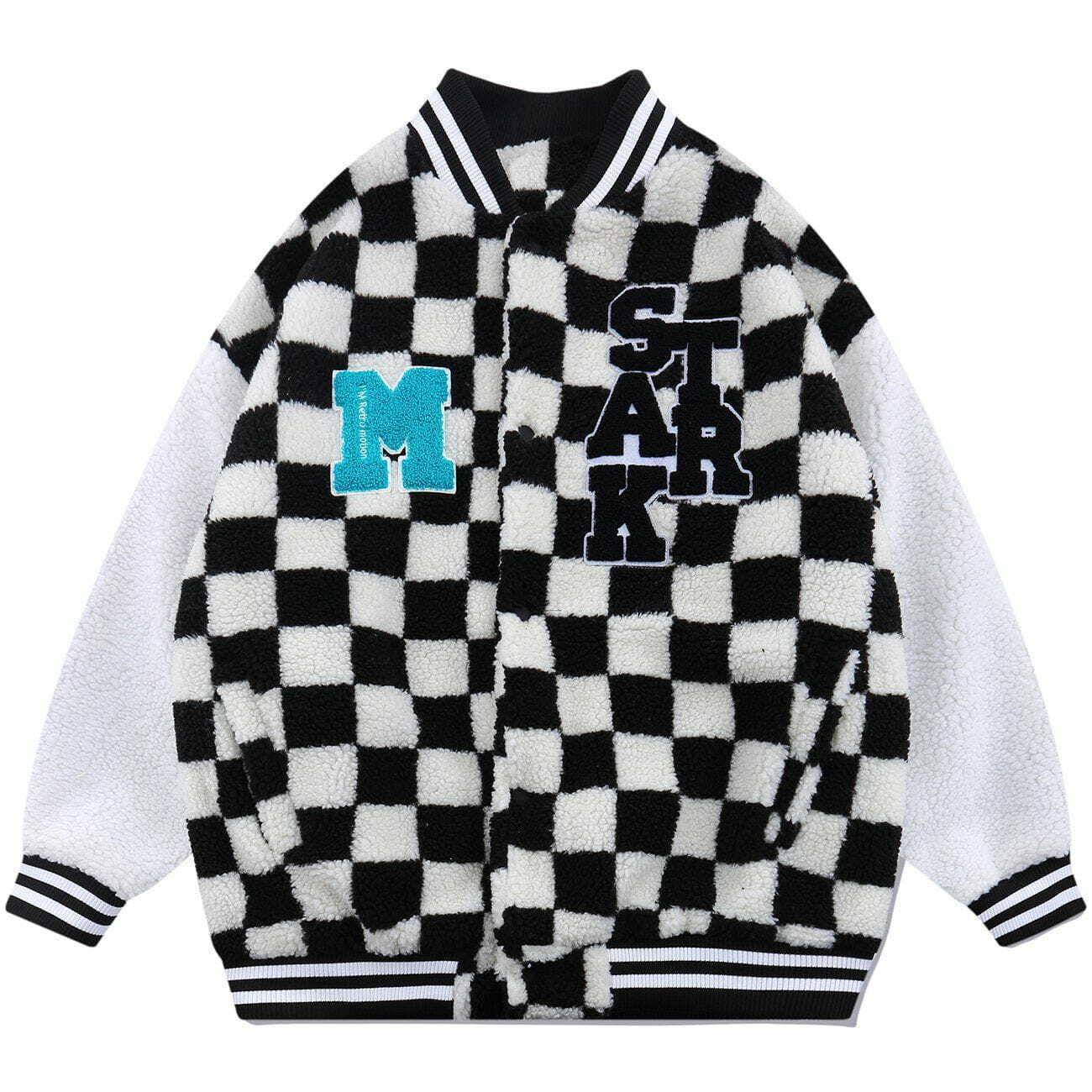 Y2K Grunge Flocking Letters Checkerboard Sherpa Coat - Retro 90s Fashion Essential