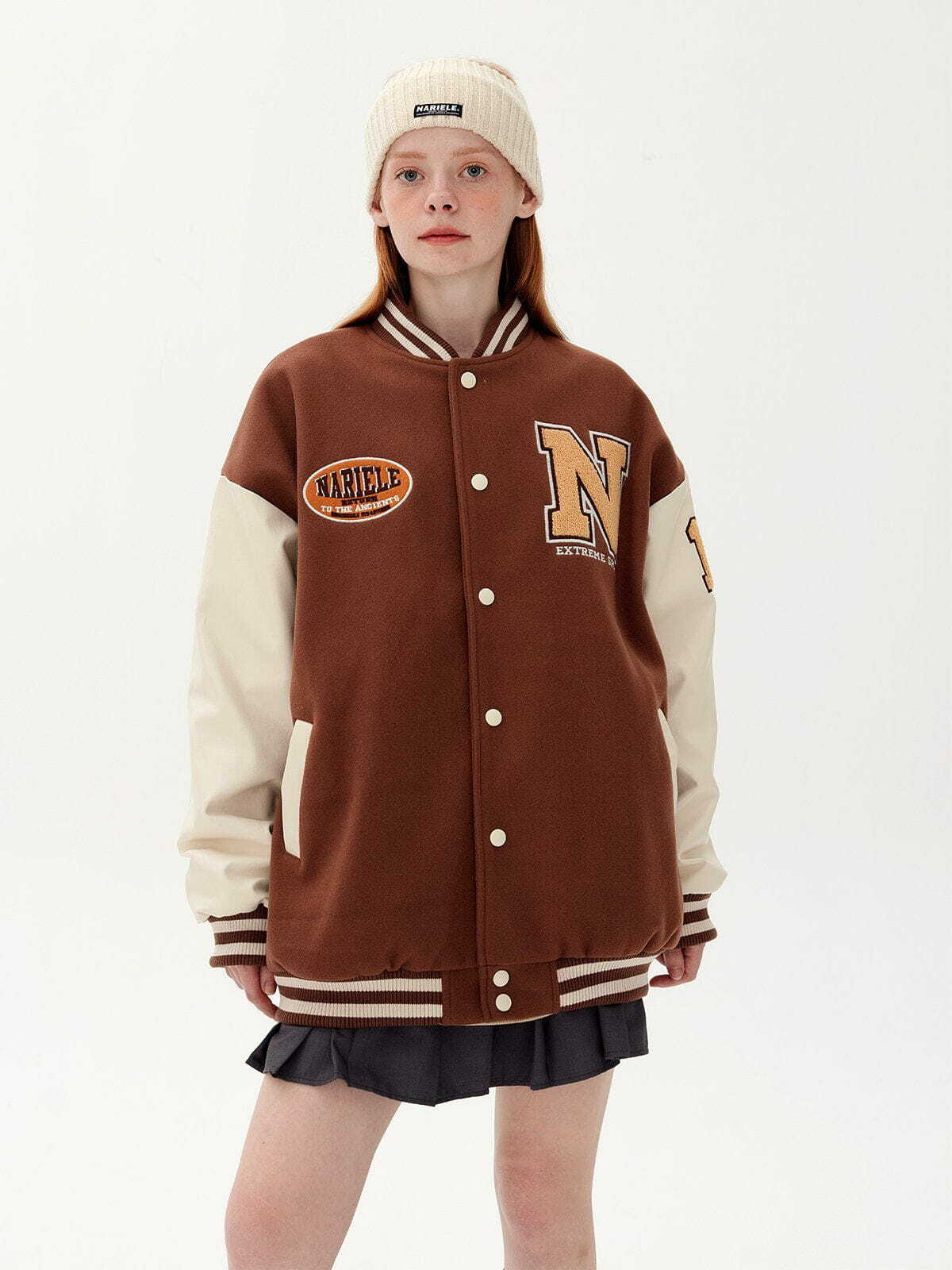 Y2K Grunge Flocking Letters Varsity Jacket with PU Sleeves - Retro 90s Summer Outfit