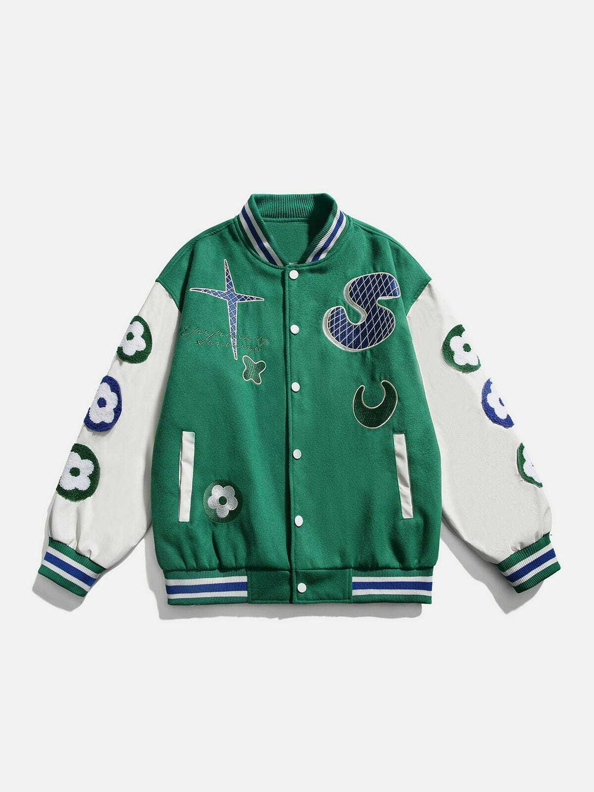 Y2K Grunge Flower Moon Varsity Jacket - Retro 90s Summer Outfit for Y2K Vibes