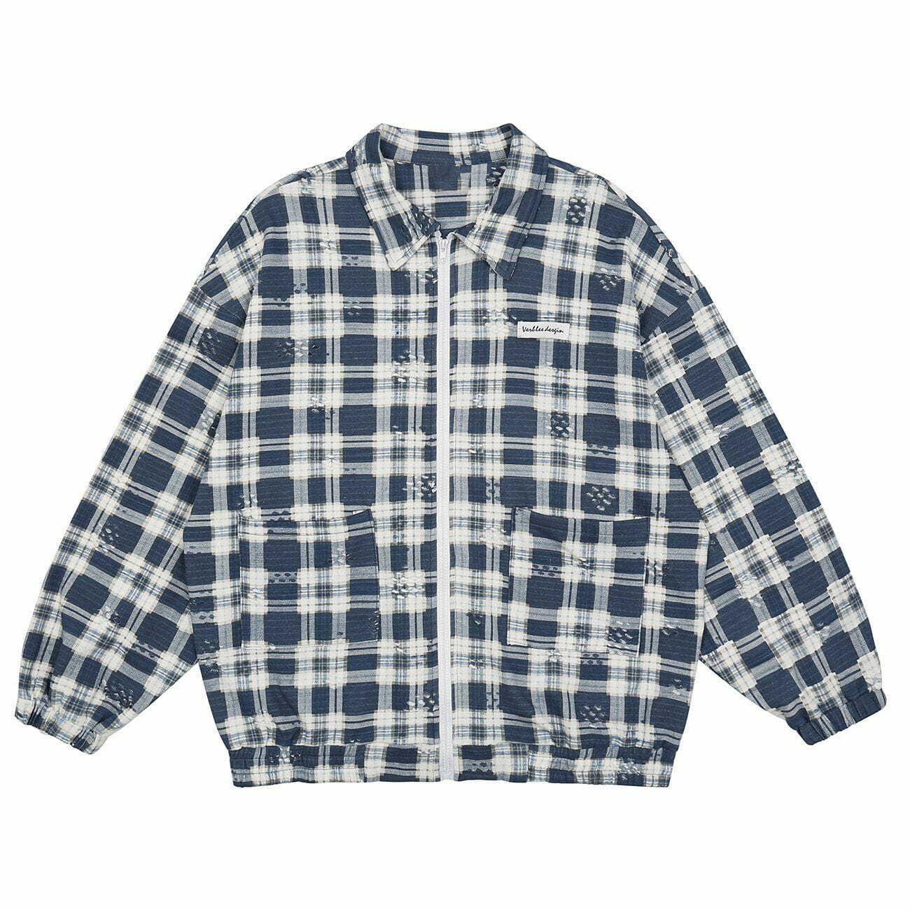 Y2K Grunge Frayed Check Pattern Jacket - Retro 90s Summer Outfit for Y2K Vibes