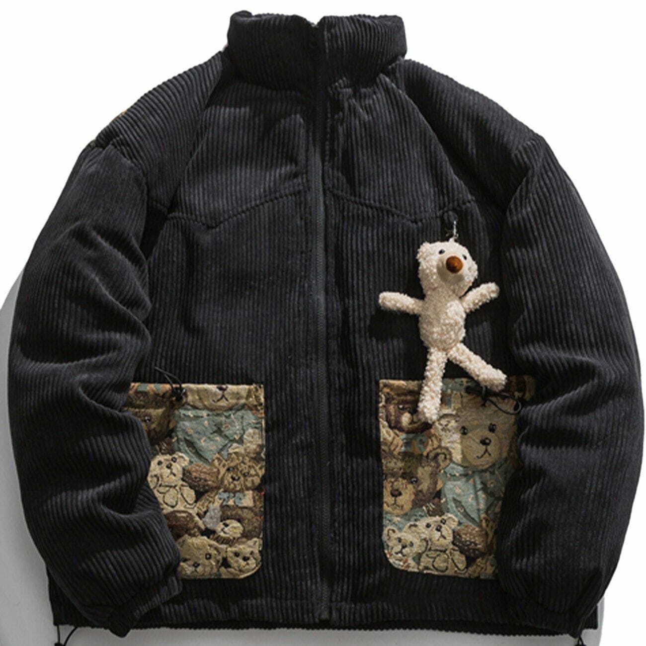 Y2K Grunge Furry Bear Pocket Patchwork Winter Coat - Retro 90s Fashion Essential