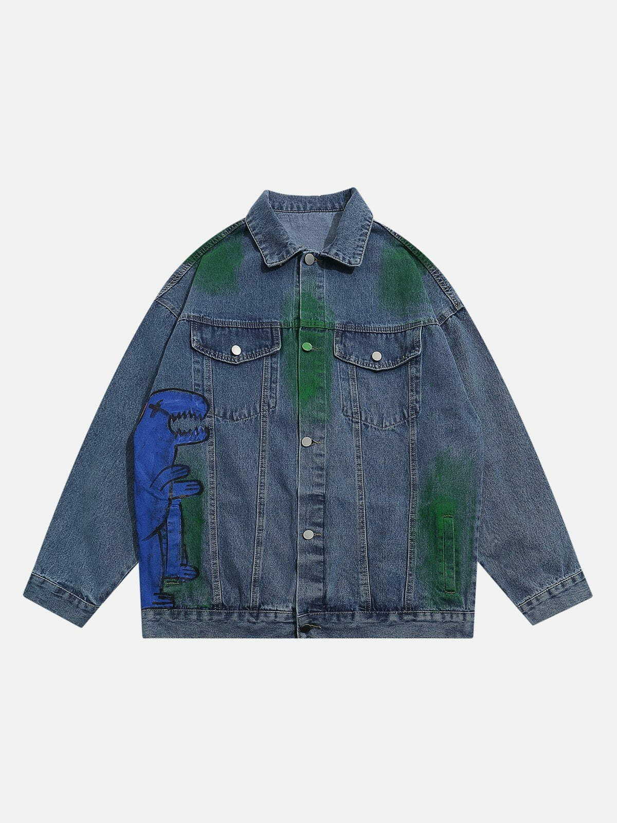 Y2K Grunge Graffiti Dinosaur Print Denim Jacket - Retro 90s Summer Outfit Essential