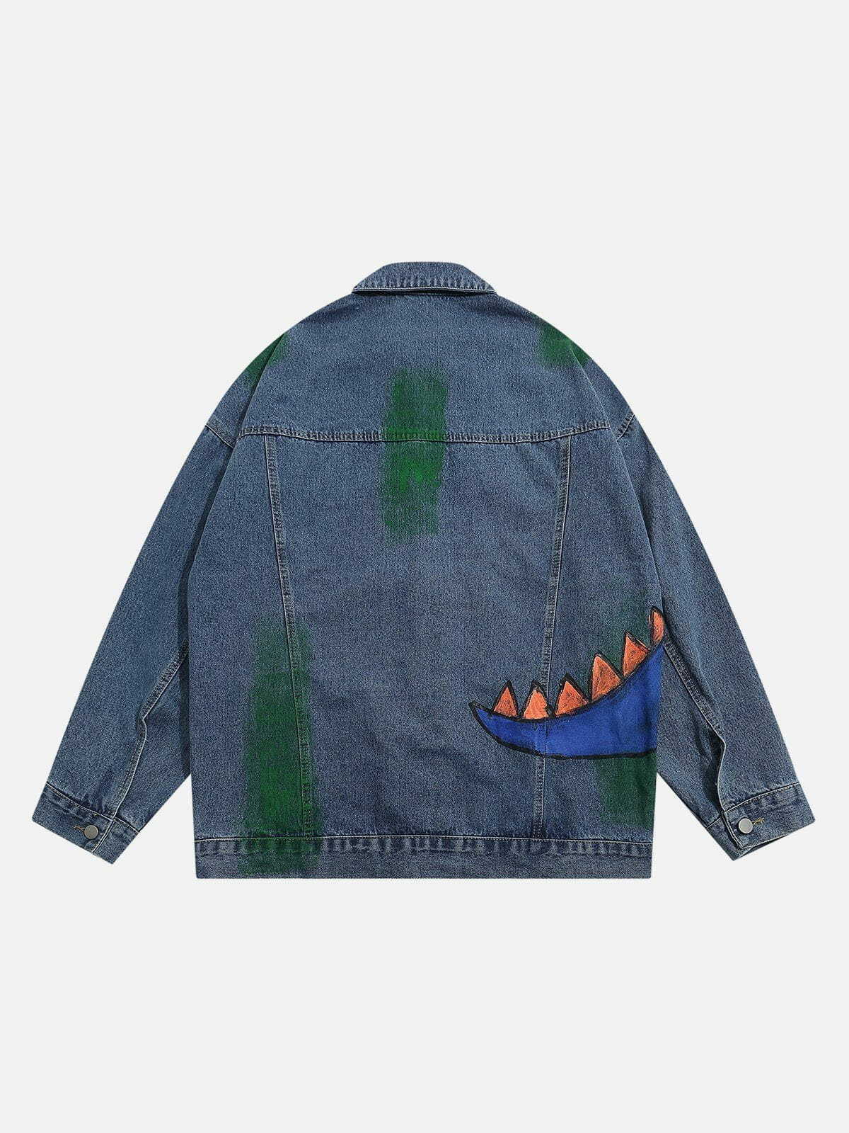 Y2K Grunge Graffiti Dinosaur Print Denim Jacket - Retro 90s Summer Outfit Essential