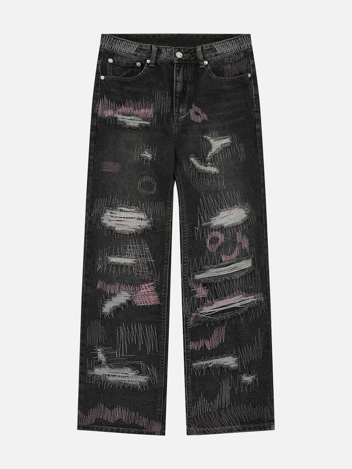 Y2K Grunge Graffiti Embroidered Ripped Jeans - Retro 90s Summer Outfit Essential