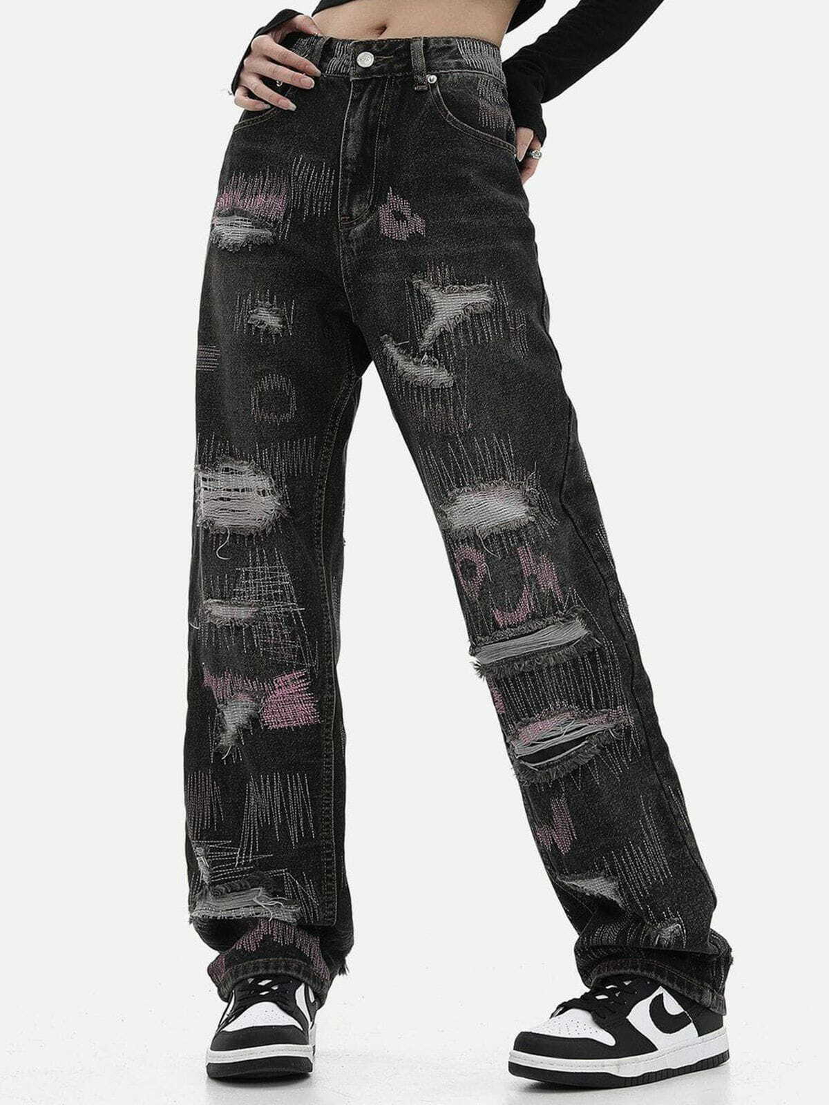 Y2K Grunge Graffiti Embroidered Ripped Jeans - Retro 90s Summer Outfit Essential