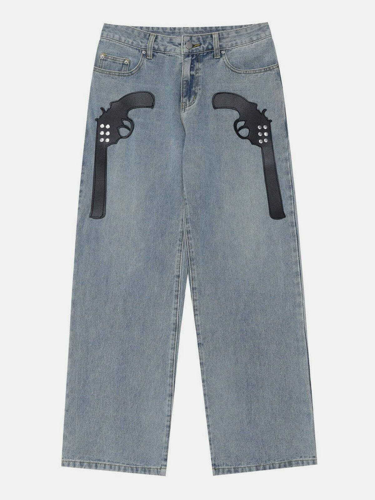 Y2K Grunge Gun Pattern Jeans - Retro 90s Summer Outfit for Y2K Party & Club Vibes