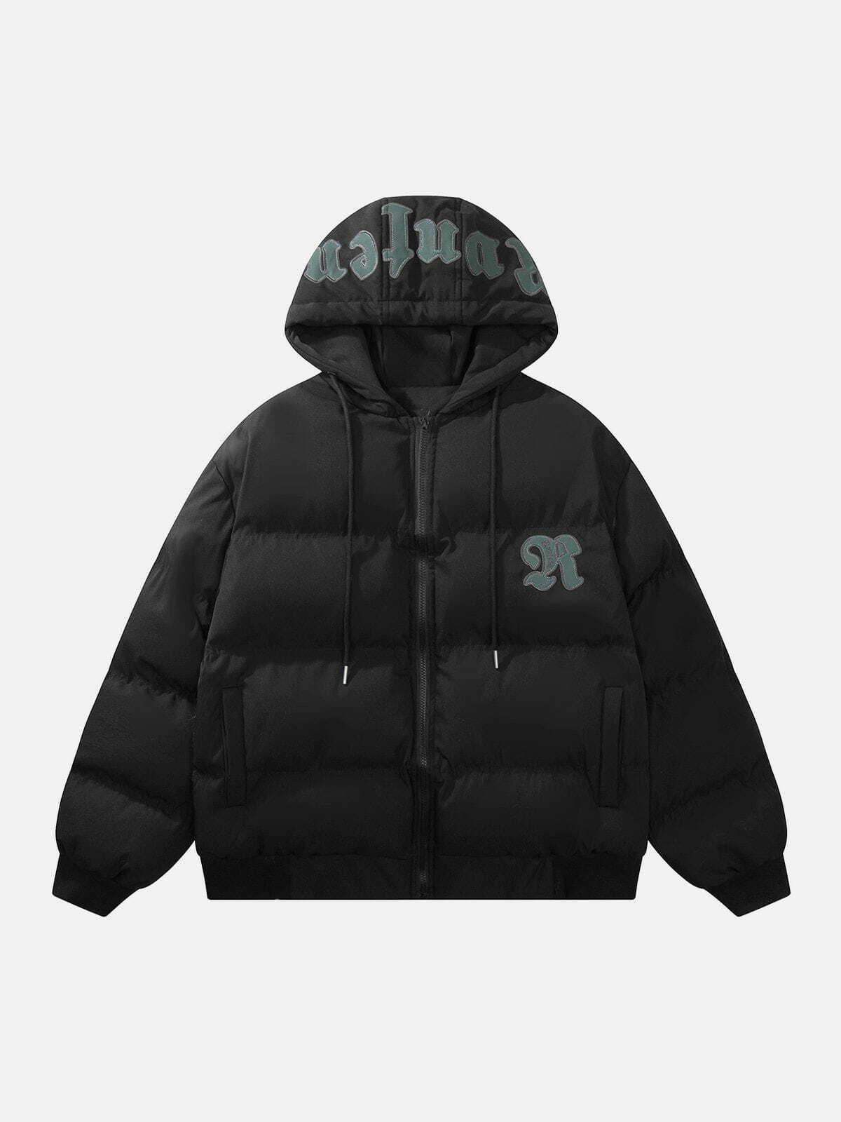 Y2K Grunge Hooded Winter Coat with Letter Patch - Retro 90s Fashion Essential