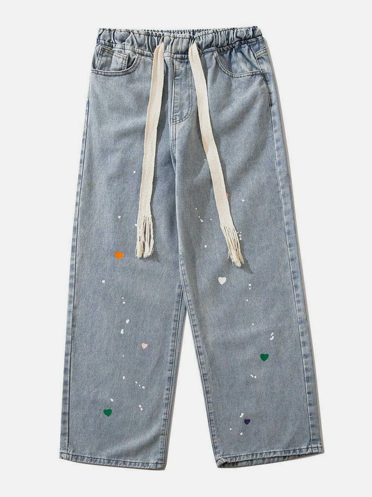 Y2K Grunge Inkjet Heart Jeans - Retro 90s Summer Outfit, Perfect for Y2K Party & Club Looks