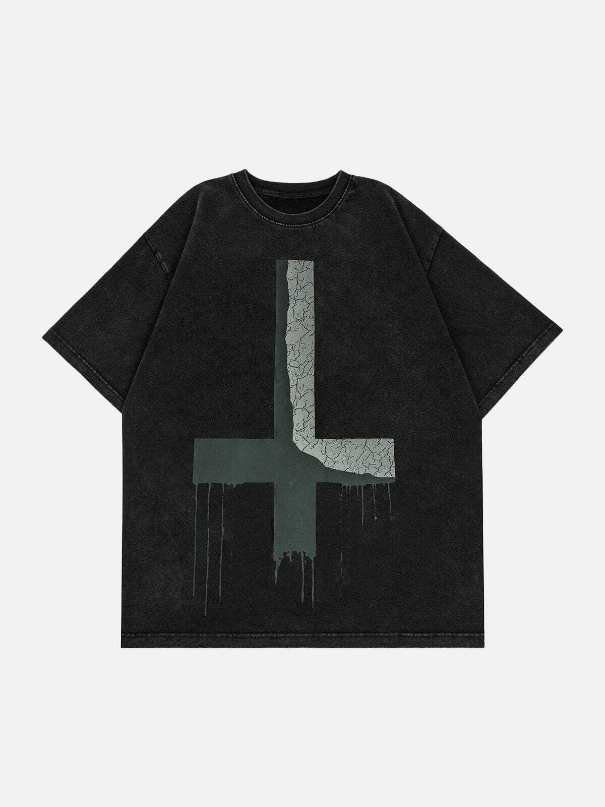 Y2K Grunge Inverted Cross Print Tee - Retro 90s Summer Outfit for Y2K Party Vibes