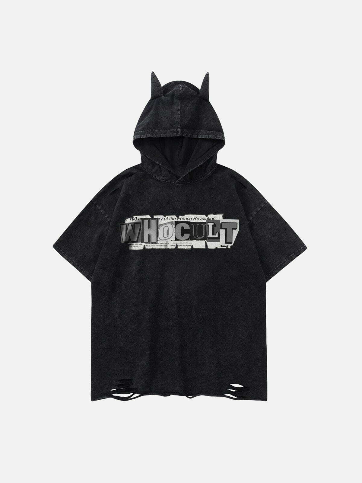 Y2K Grunge Letter Print Ripped Hooded Tee - Retro 90s Summer Outfit for Trendy Women