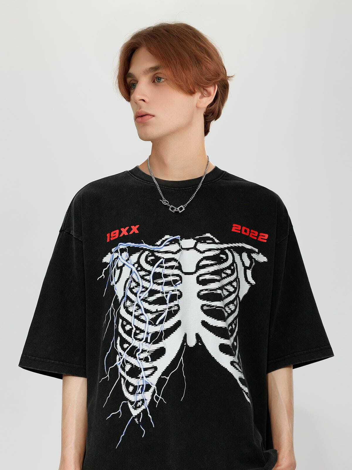 Y2K Grunge Lightning Bone Print Washed Tee - Retro 90s Summer Outfit Essential