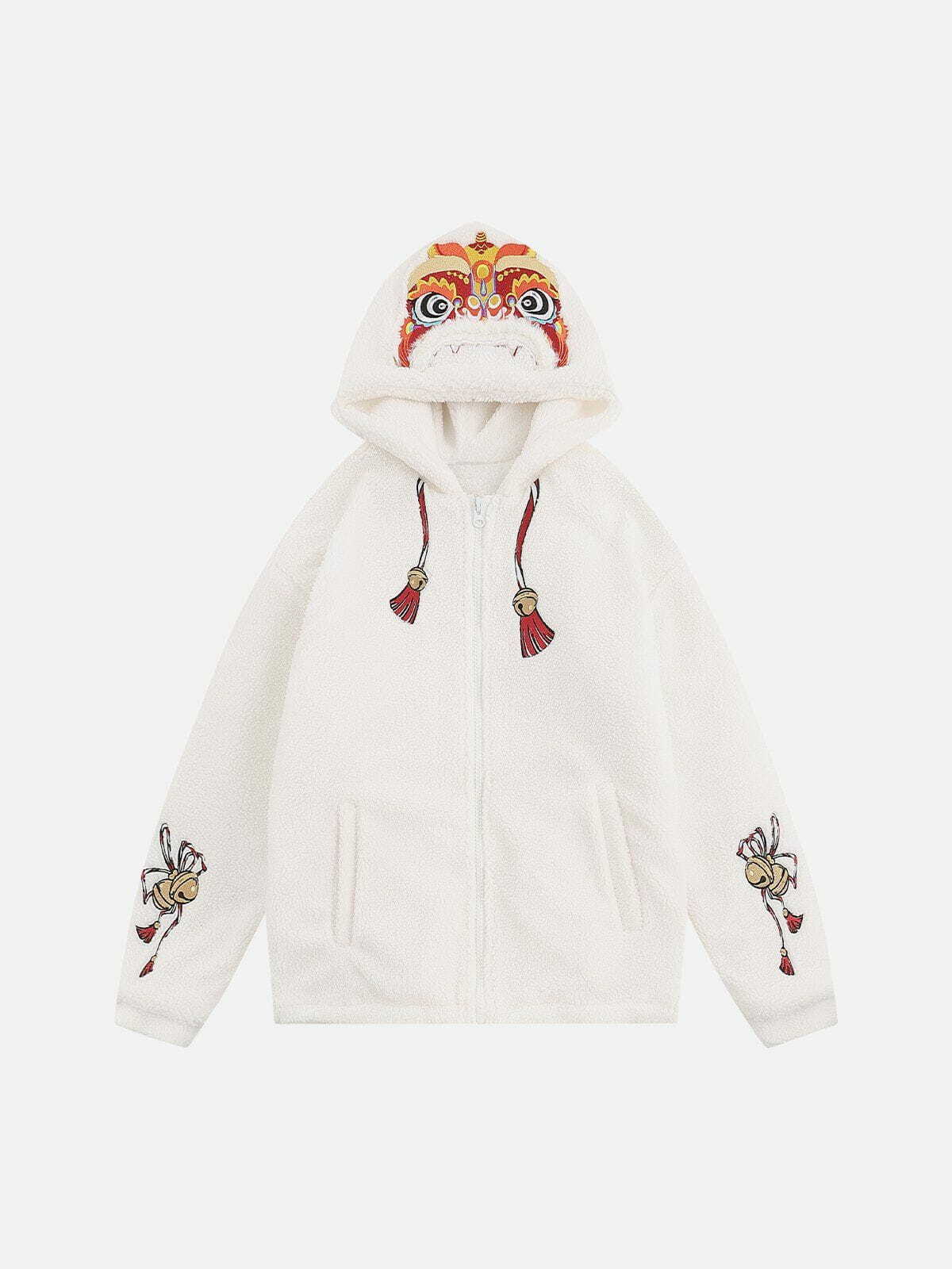 Y2K Grunge Lion Embroidery Sherpa Coat - Retro 90s Fashion for Y2K Summer Outfits