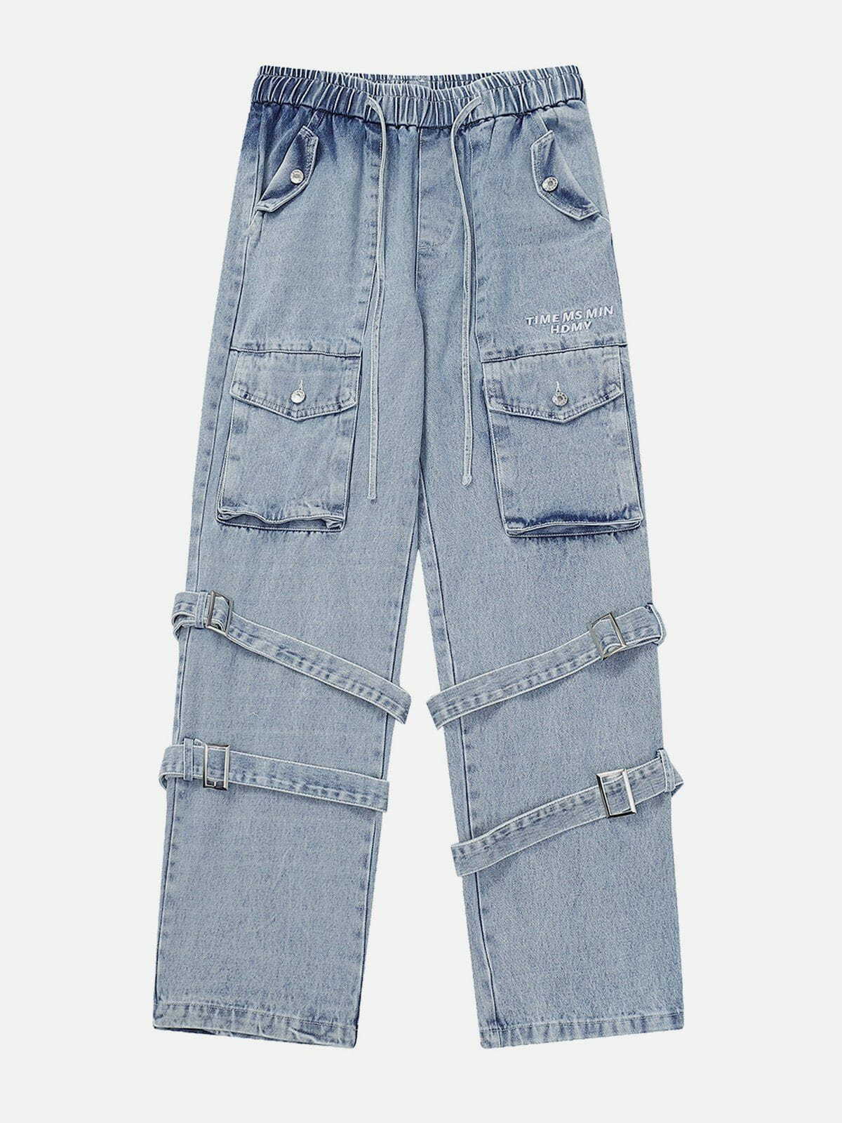 Y2K Grunge Multi Pocket Lace Up Jeans - Retro 90s Summer Outfit for Y2K Vibes