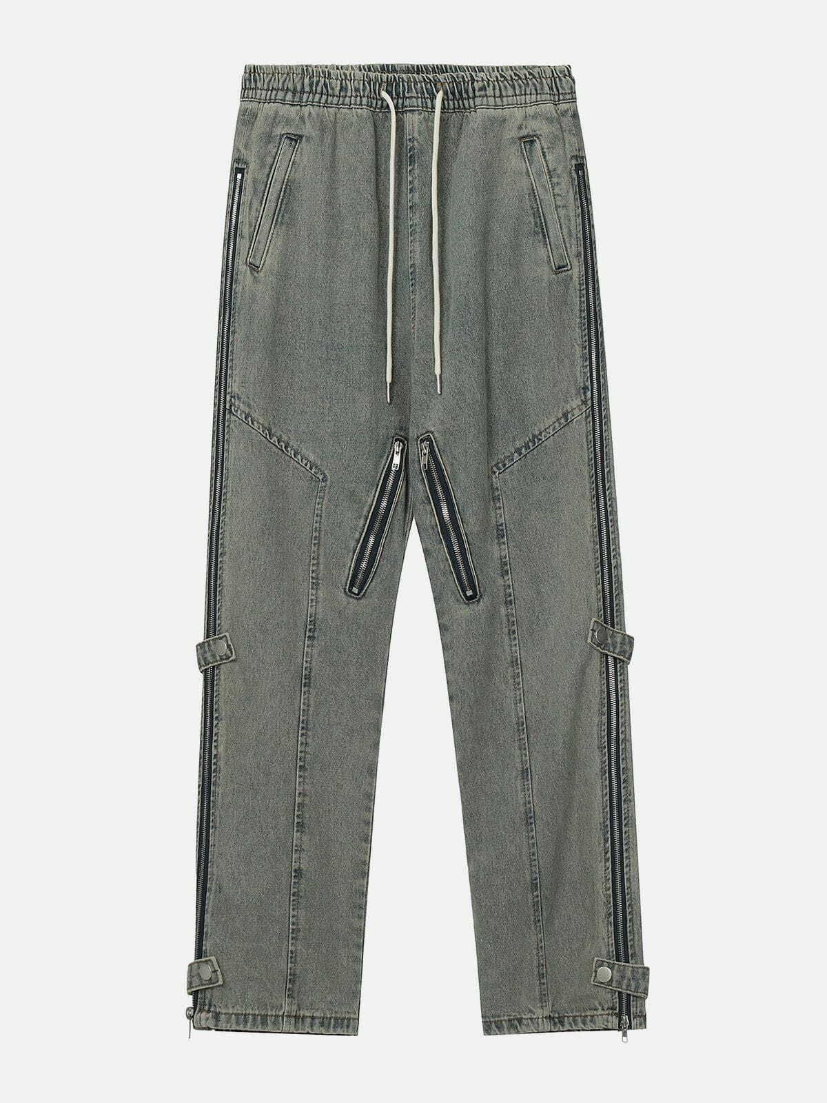 Y2K Grunge Multi Zipper Washed Jeans - Retro 90s Summer Outfit for Y2K Style Lovers