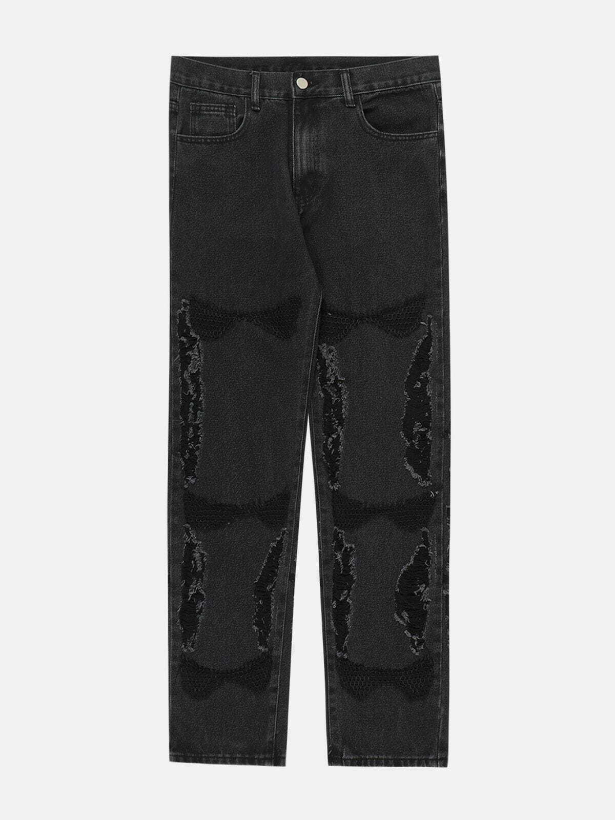 Y2K Grunge Openwork Patch Jeans - Retro 90s Summer Outfit for Y2K Party & Club Vibes