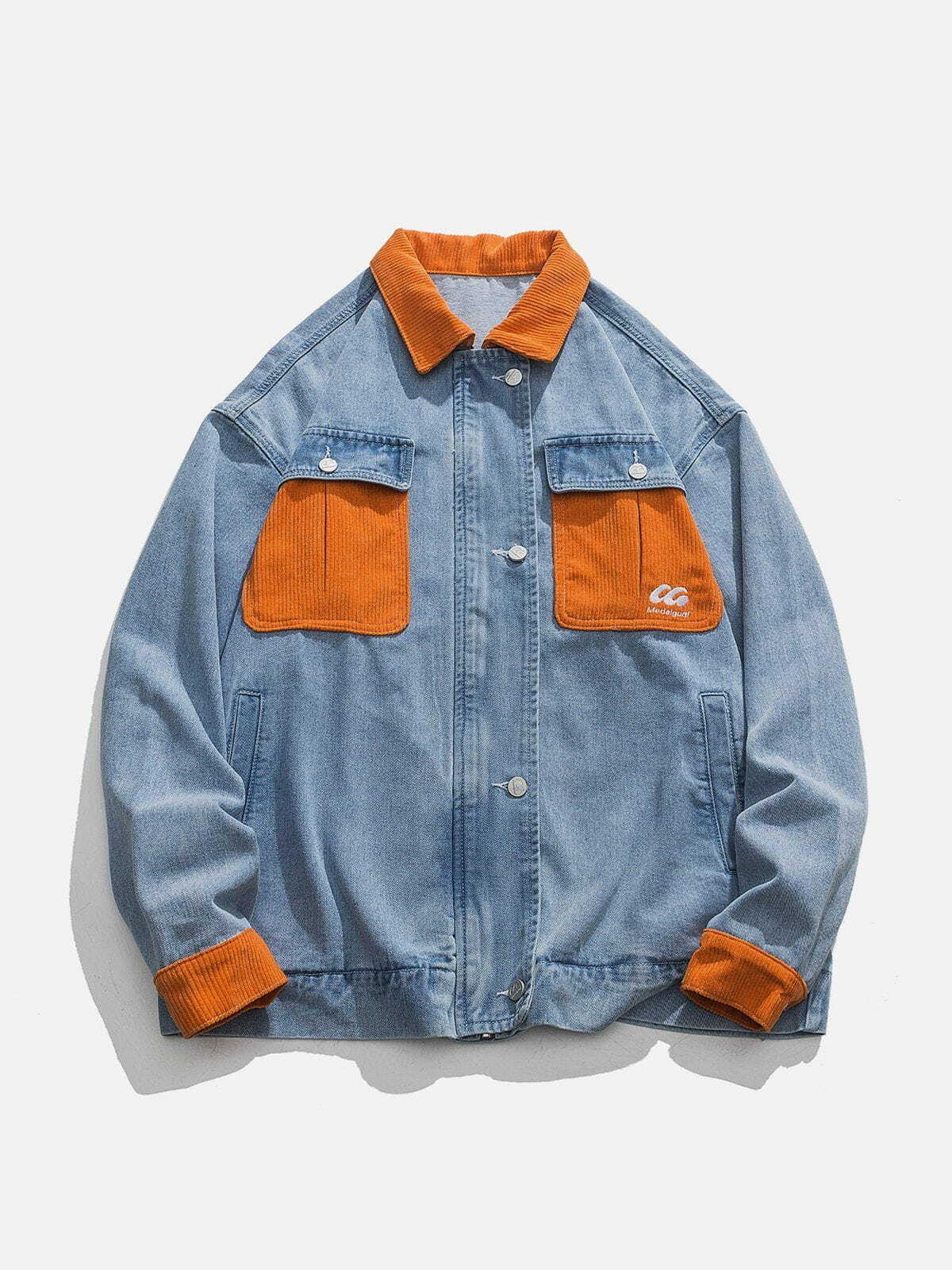 Y2K Grunge Orange Corduroy Patchwork Denim Jacket - Retro 90s Summer Outfit Essential