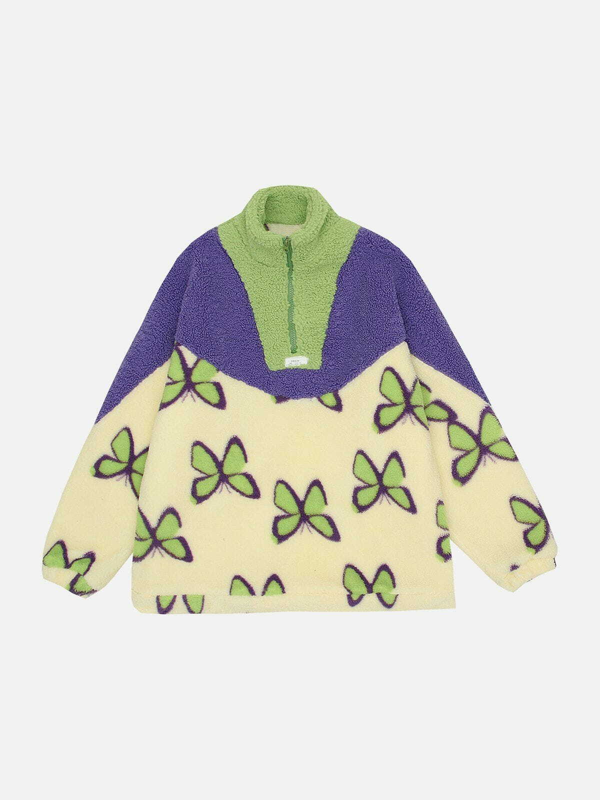 Y2K Grunge Paneled Butterfly Sherpa Jacket - Retro 90s Summer Outfit Essential