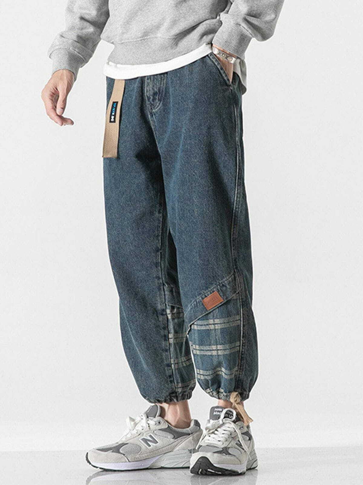 Y2K Grunge Panelled Plaid Belted Jeans - Retro 90s Summer Outfit for Y2K Vibes