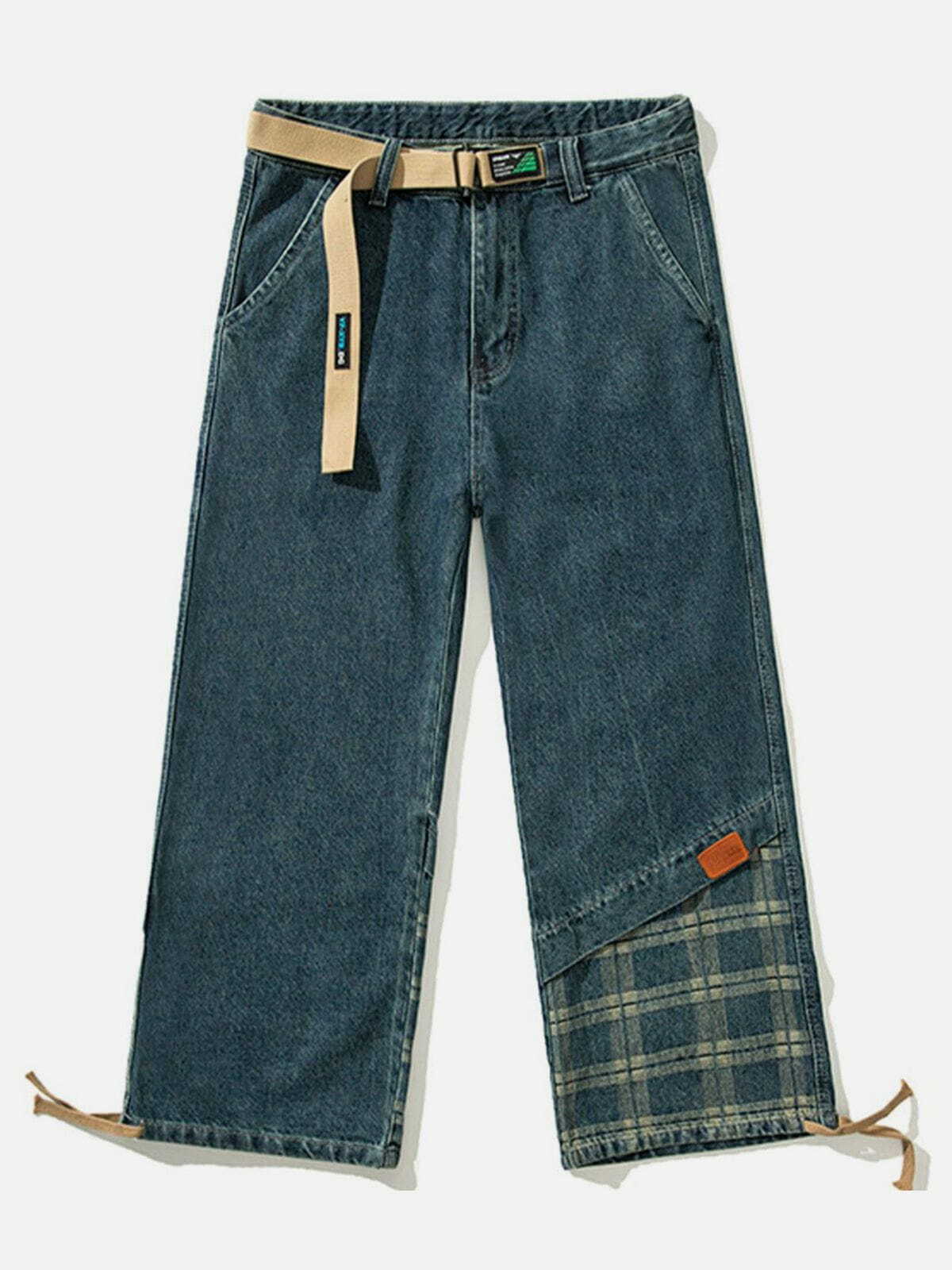 Y2K Grunge Panelled Plaid Belted Jeans - Retro 90s Summer Outfit for Y2K Vibes