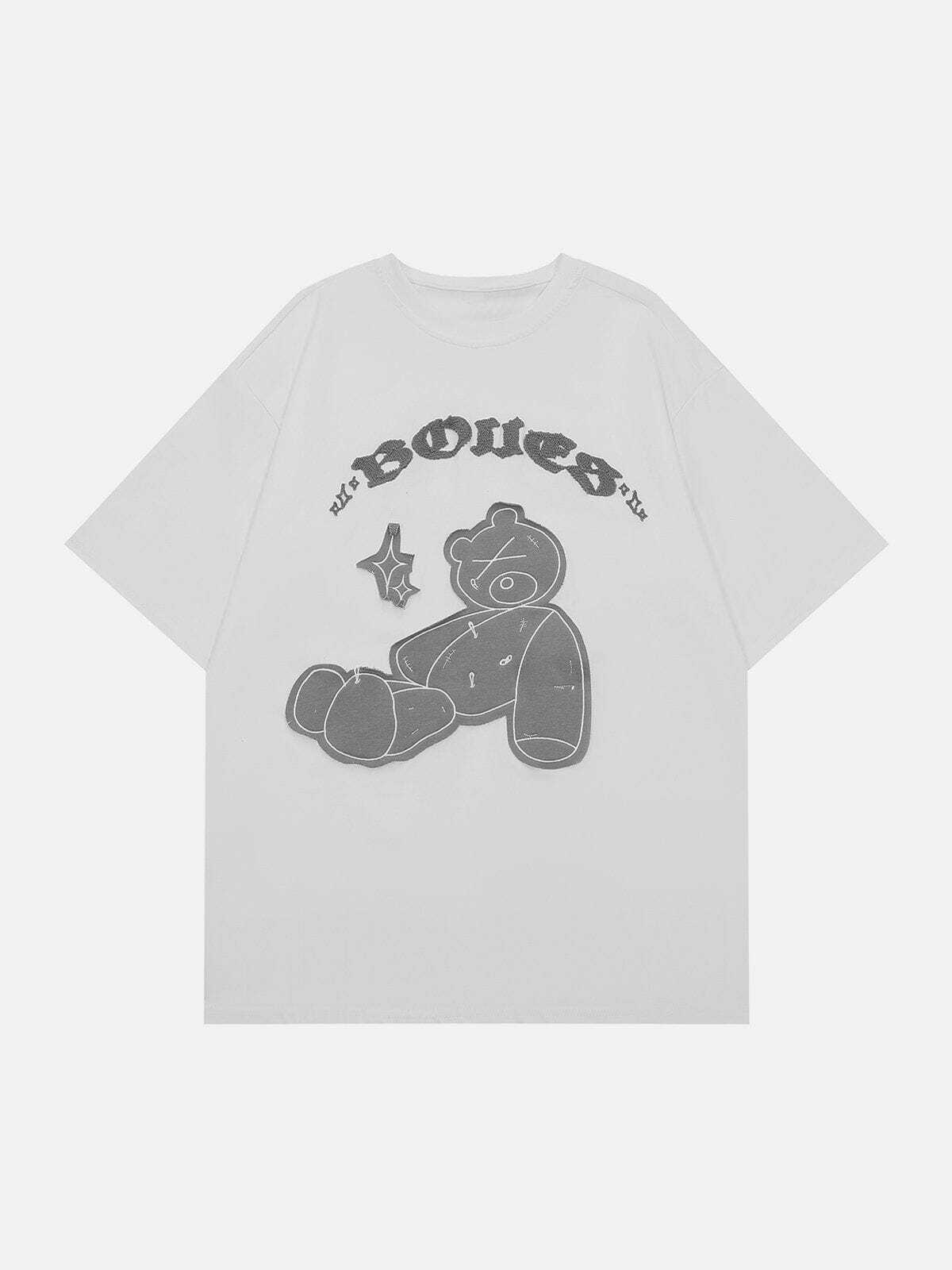 Y2K Grunge Patch Bear Graphic Tee - Retro 90s Summer Outfit for Y2K Party Vibes