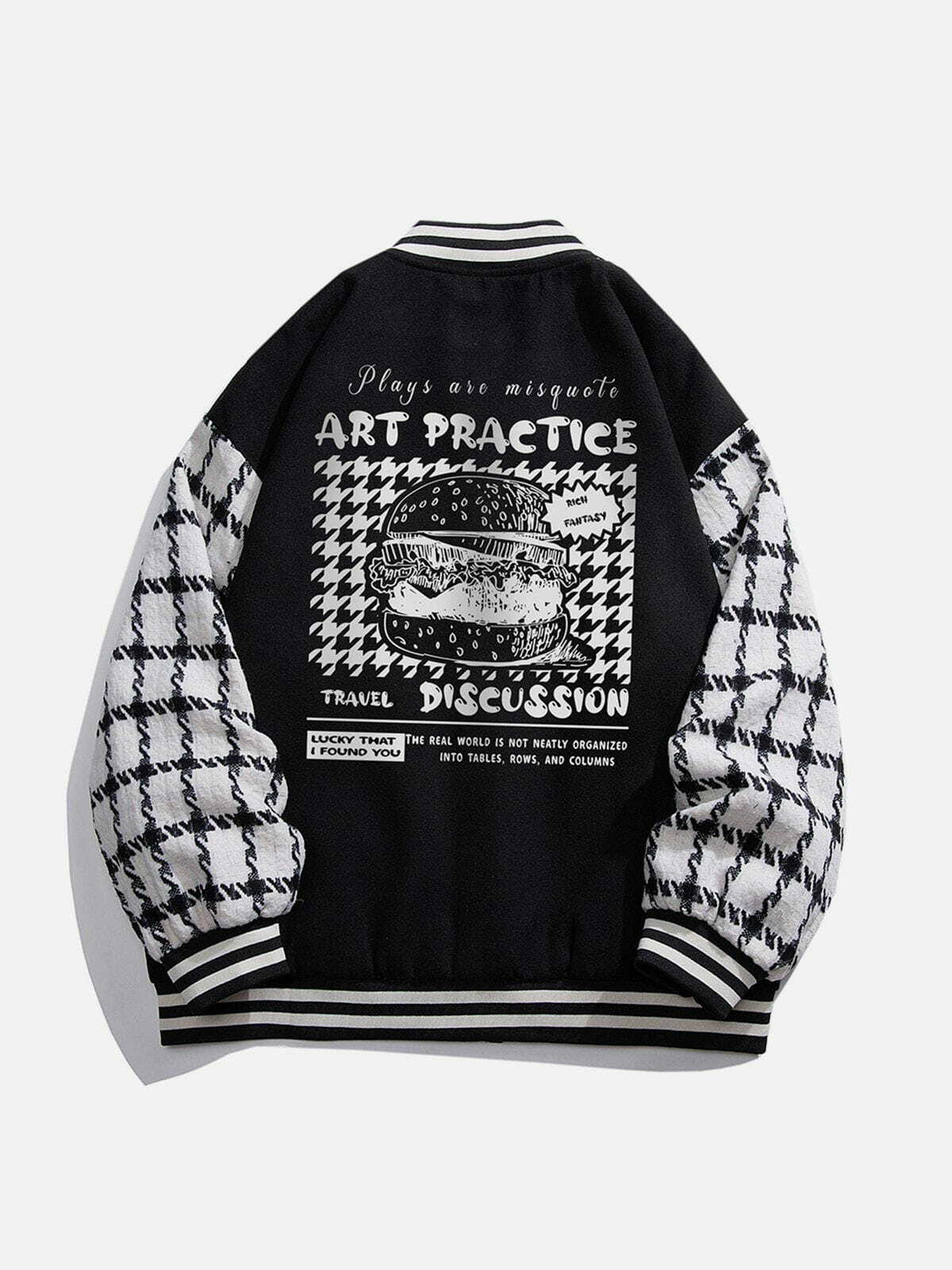 Y2K Grunge Patchwork Burger Print Varsity Jacket - Retro 90s Summer Outfit Essential